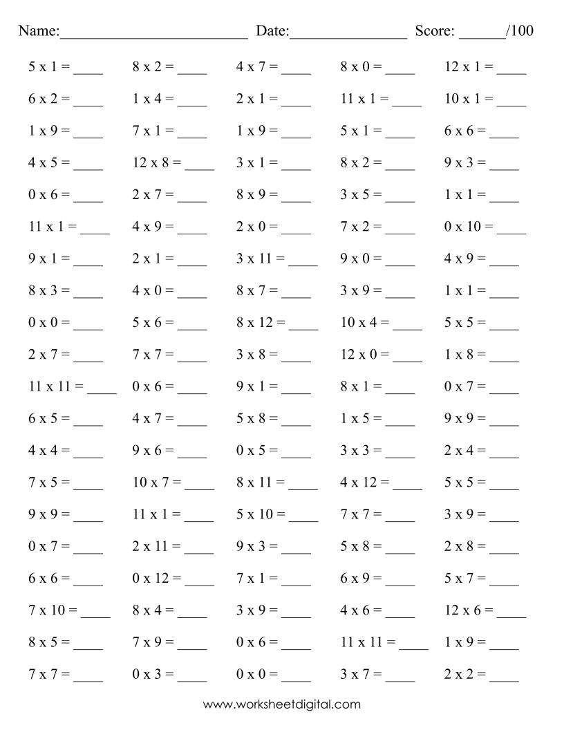 10 Printable Math Drills Multiplication Timetable 0 To 12 Practice Speed Counting PDF Made By Teachers