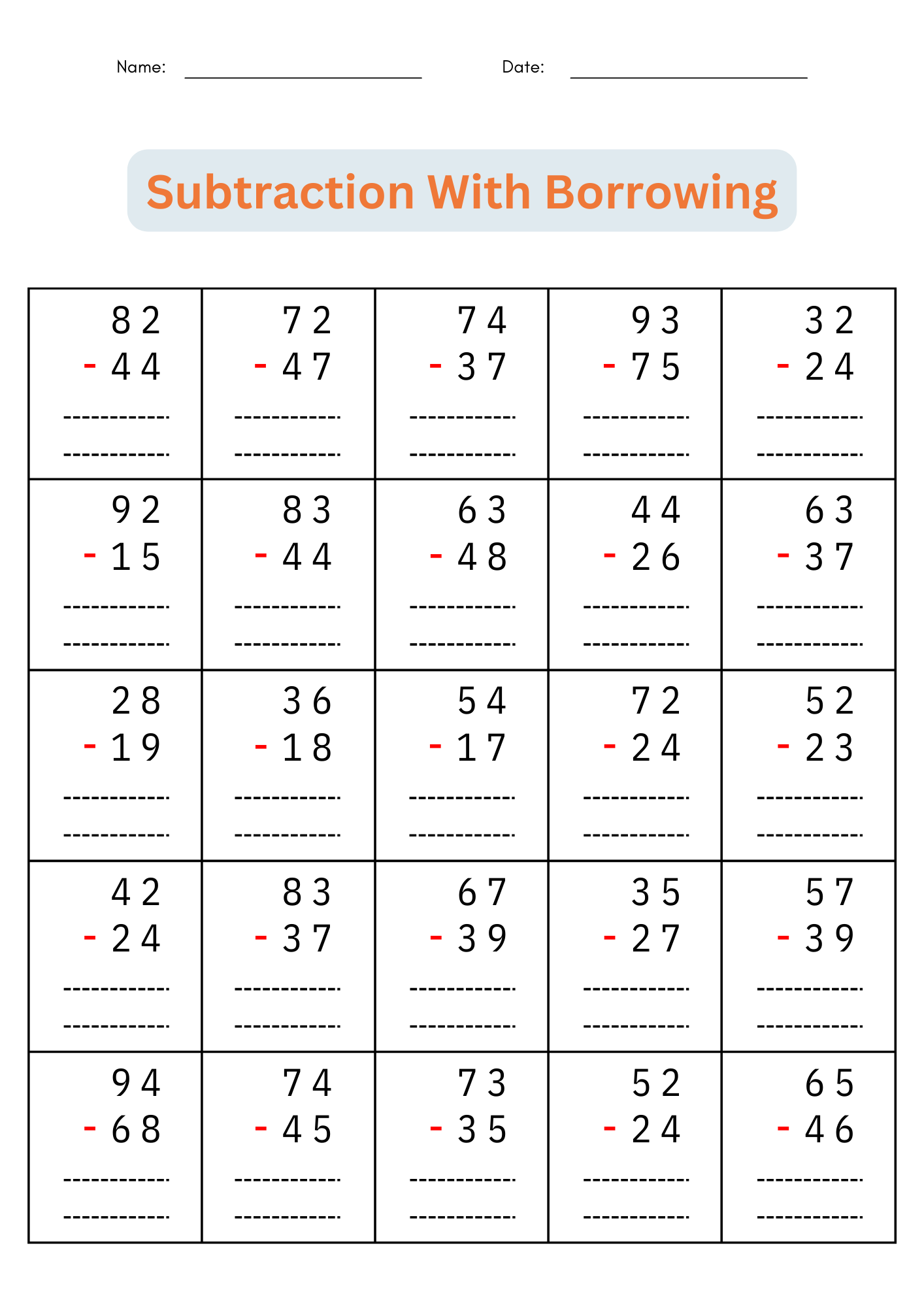 2 digit subtraction with regrouping worksheets