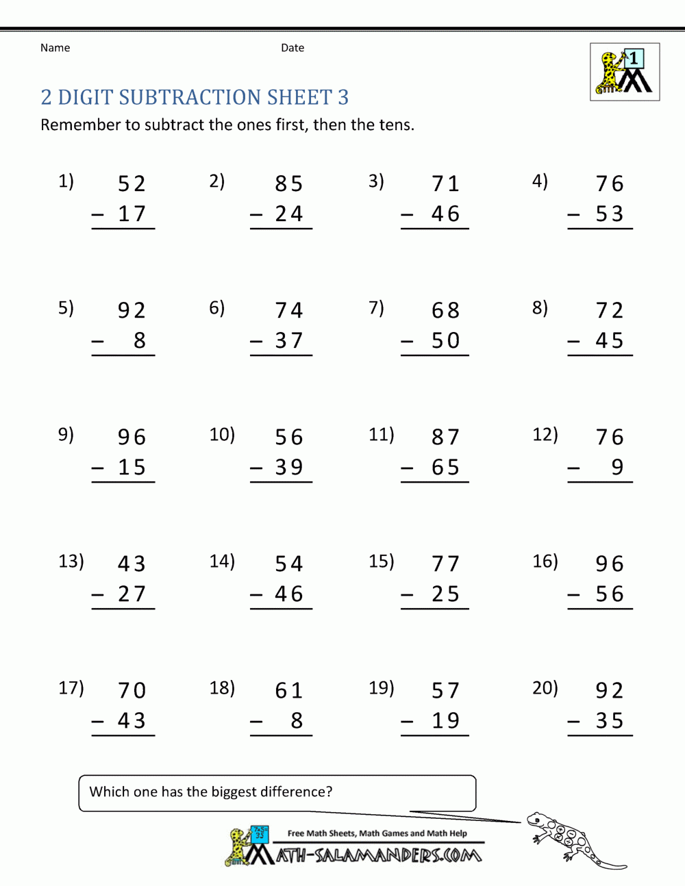 2 Digit Subtraction Worksheets