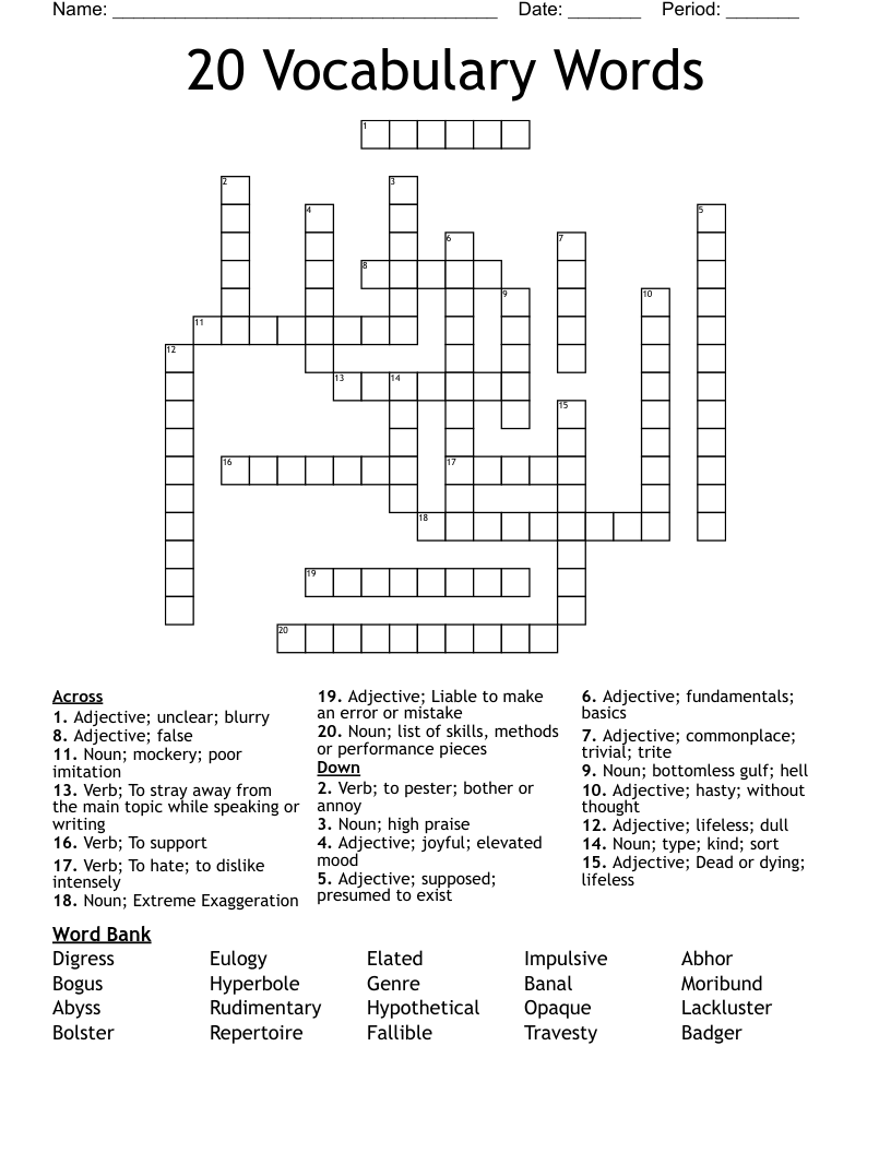 20 Vocabulary Words Crossword WordMint 20 Vocabulary Words Crossword WordMint