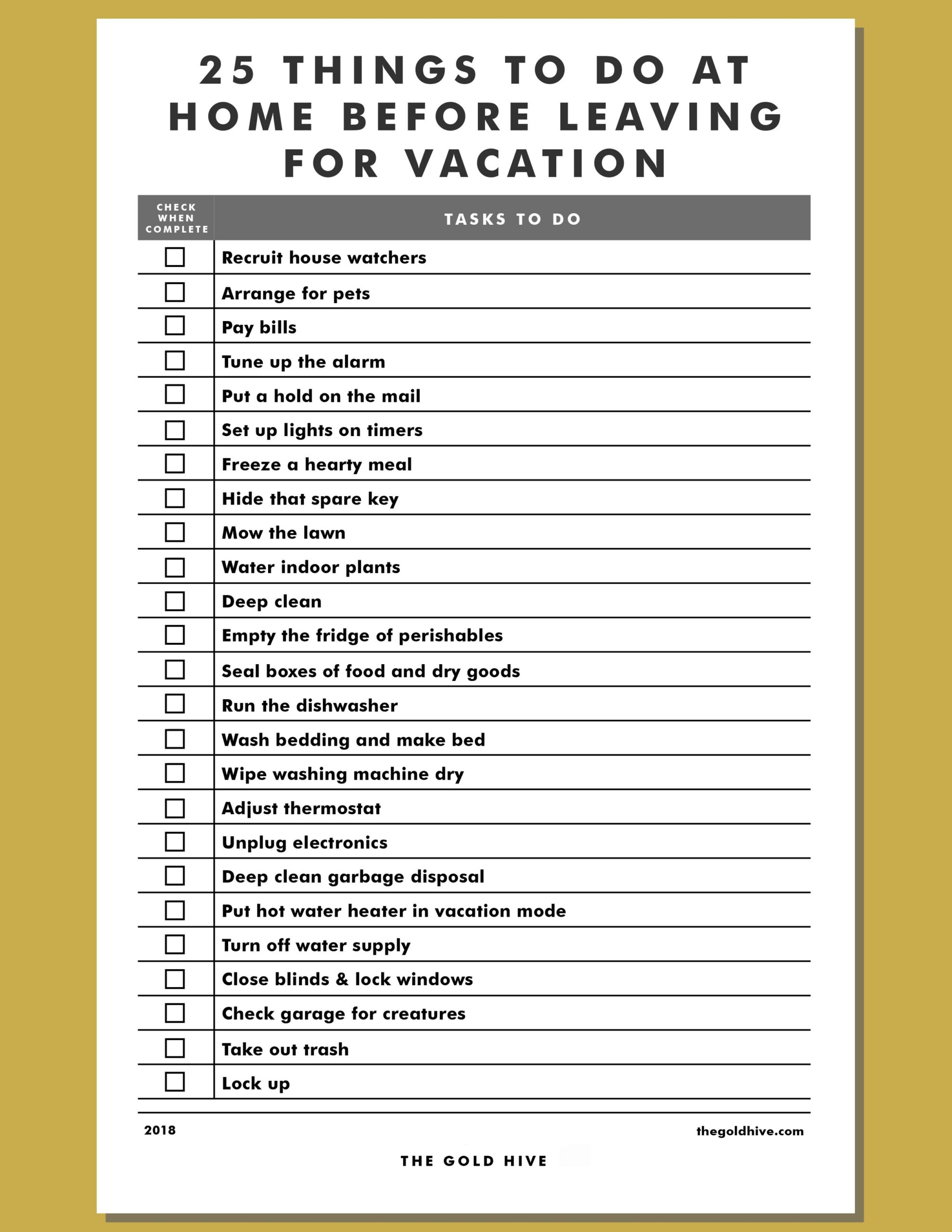 25 Things To Do At Home Before Leaving For Vacation The Gold Hive
