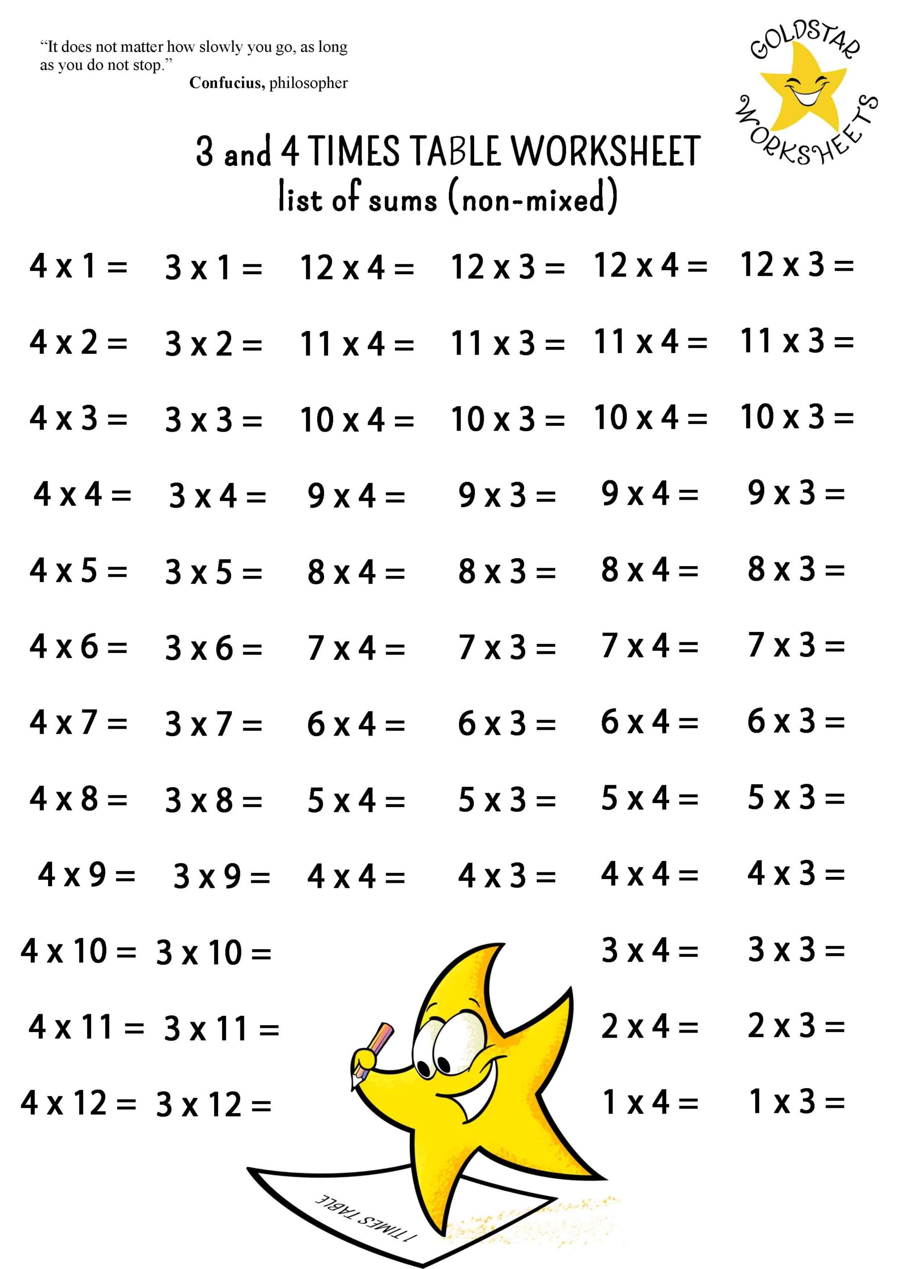 3 4 Times Tables On One Page Free Colorful Multiplication Sheets