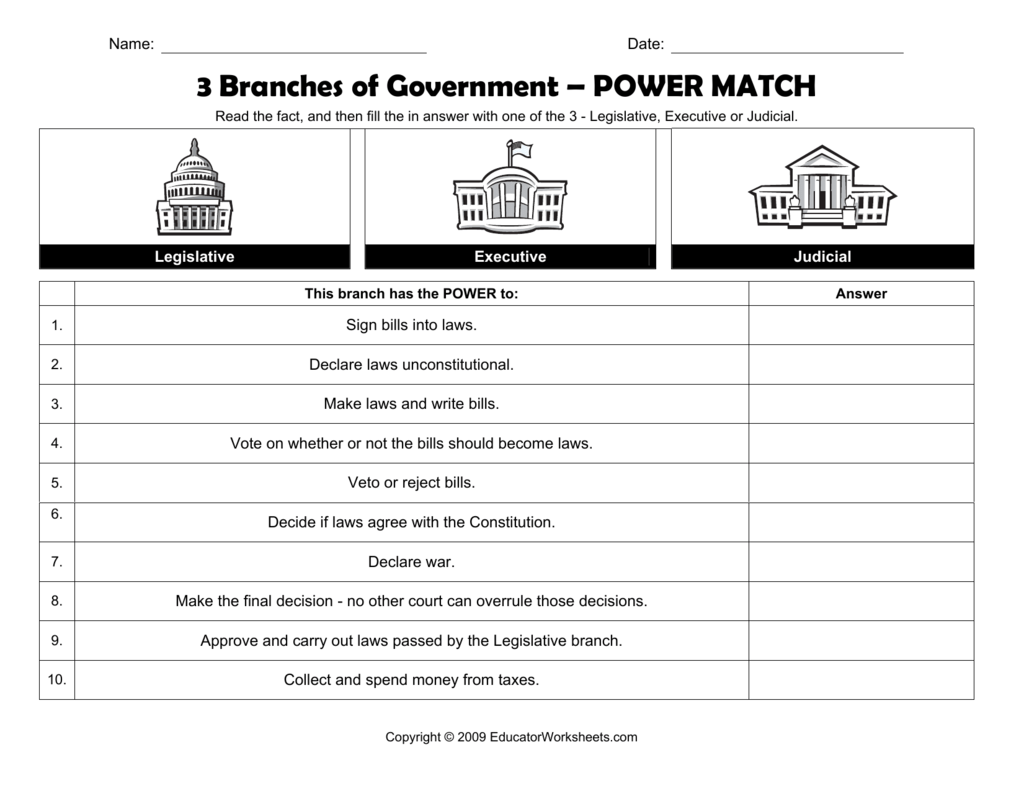 3 Branches Of Government Worksheet Power Match