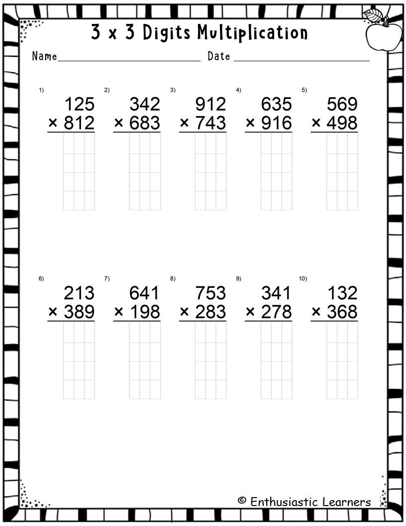 3 Digit By 3 Digit Long Multiplication Worksheets Math Problems Teaching Resources