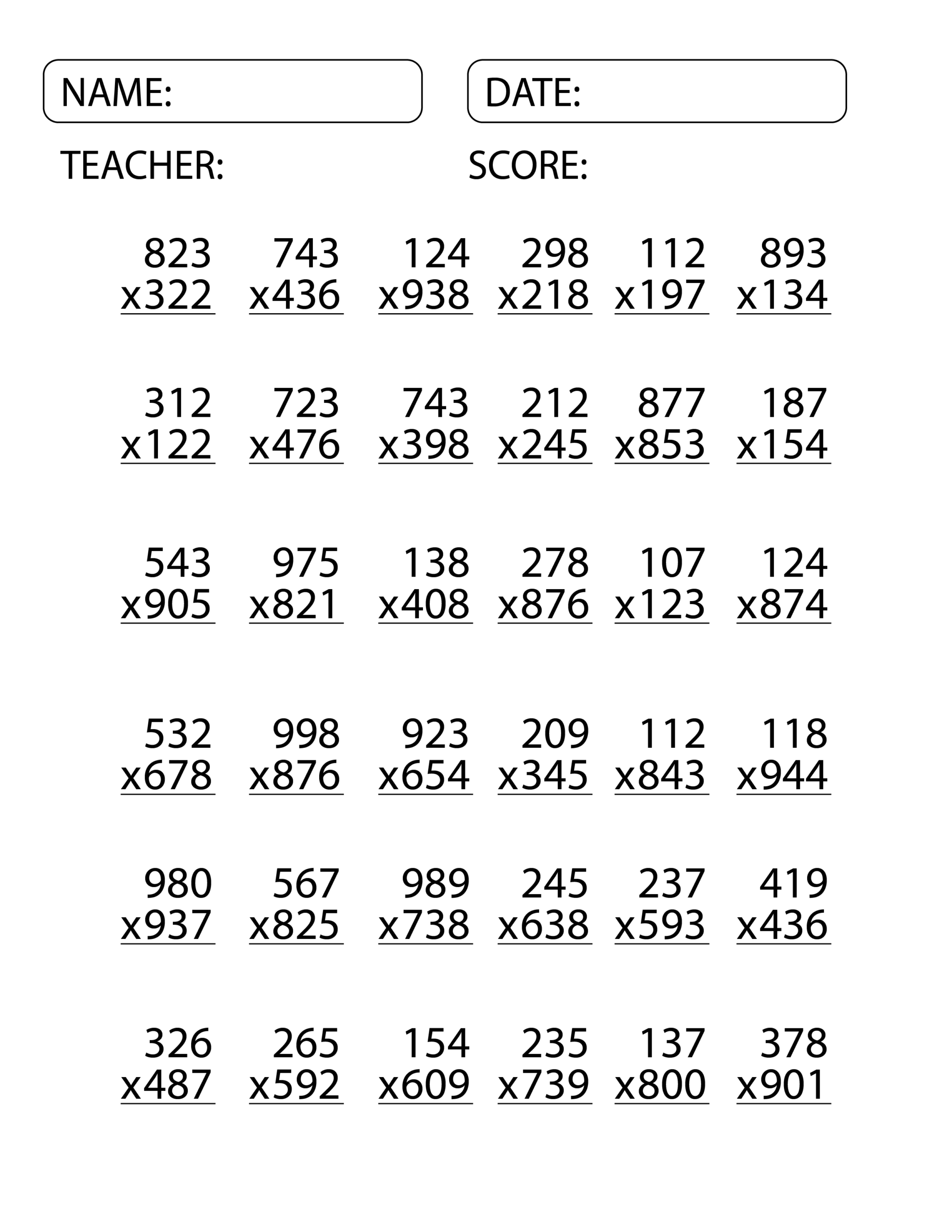 3 Digit By 3 Digit Multiplication Worksheets Exam Math Multiplication Made By Teachers