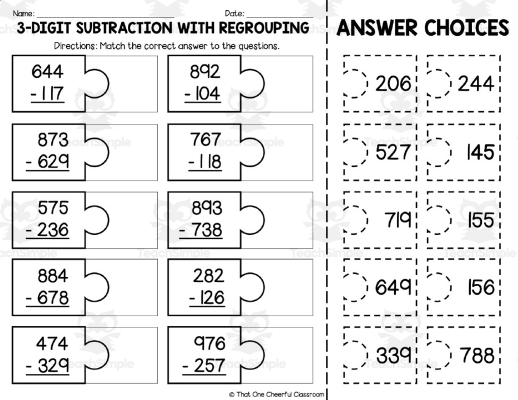 3 digit subtraction worksheets