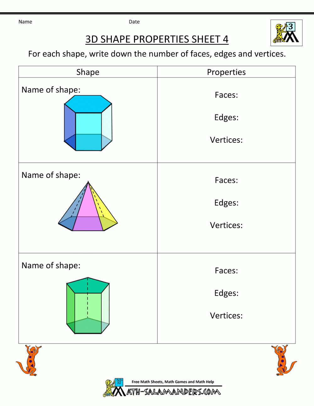 3d dimensional shapes worksheets