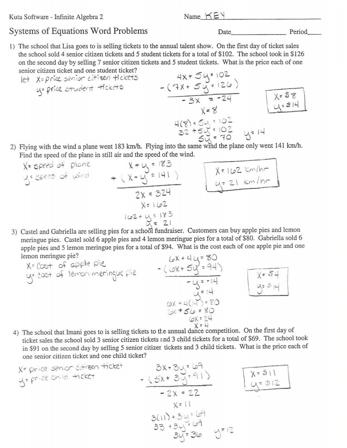 3x 4y Solve 2y Y Systems Of Equations Word Problems KEY