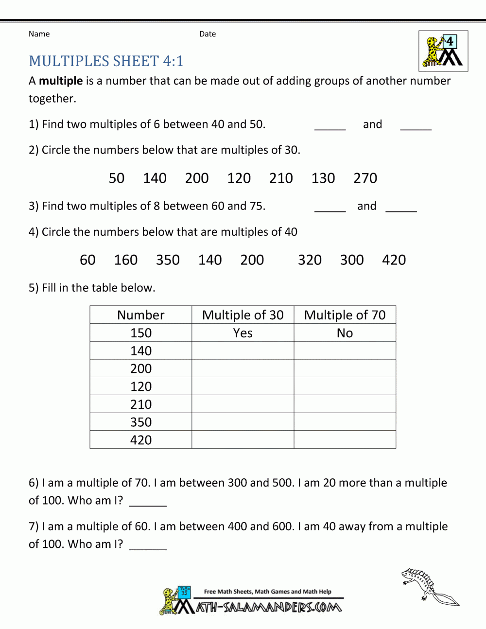 worksheet on multiples and factors