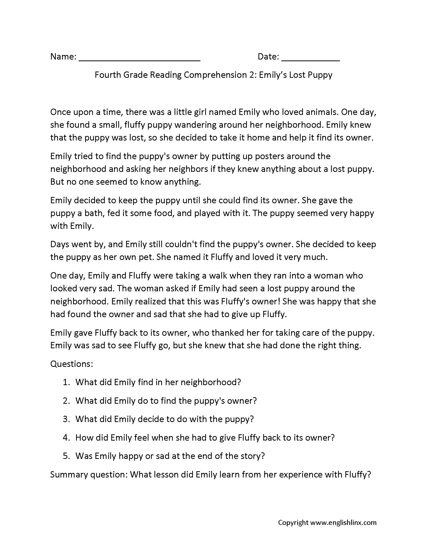 4th Grade Reading Comprehension Worksheets Free Printable Passages Questions