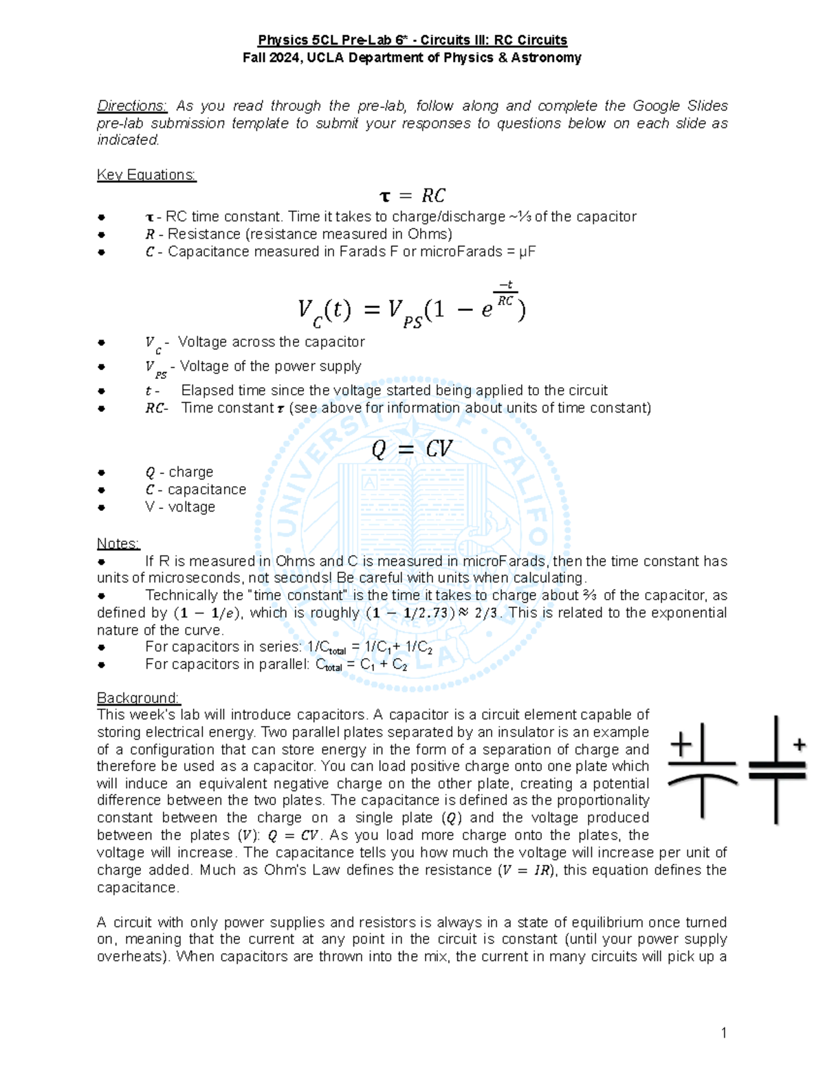 5CL Pre Lab 6 F24v4 Capacitors And RC Circuits Overview Studocu