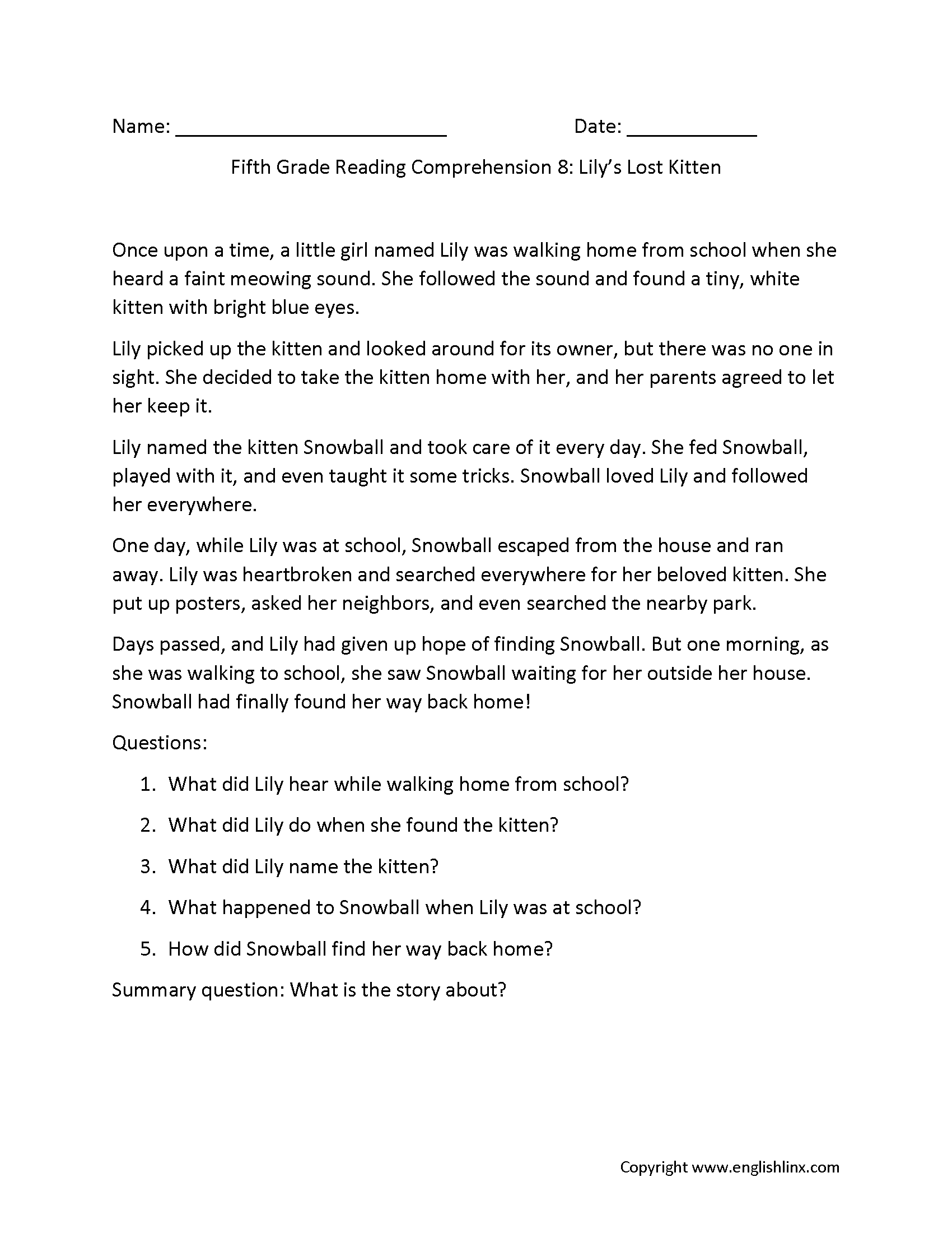 reading worksheets for 5th graders