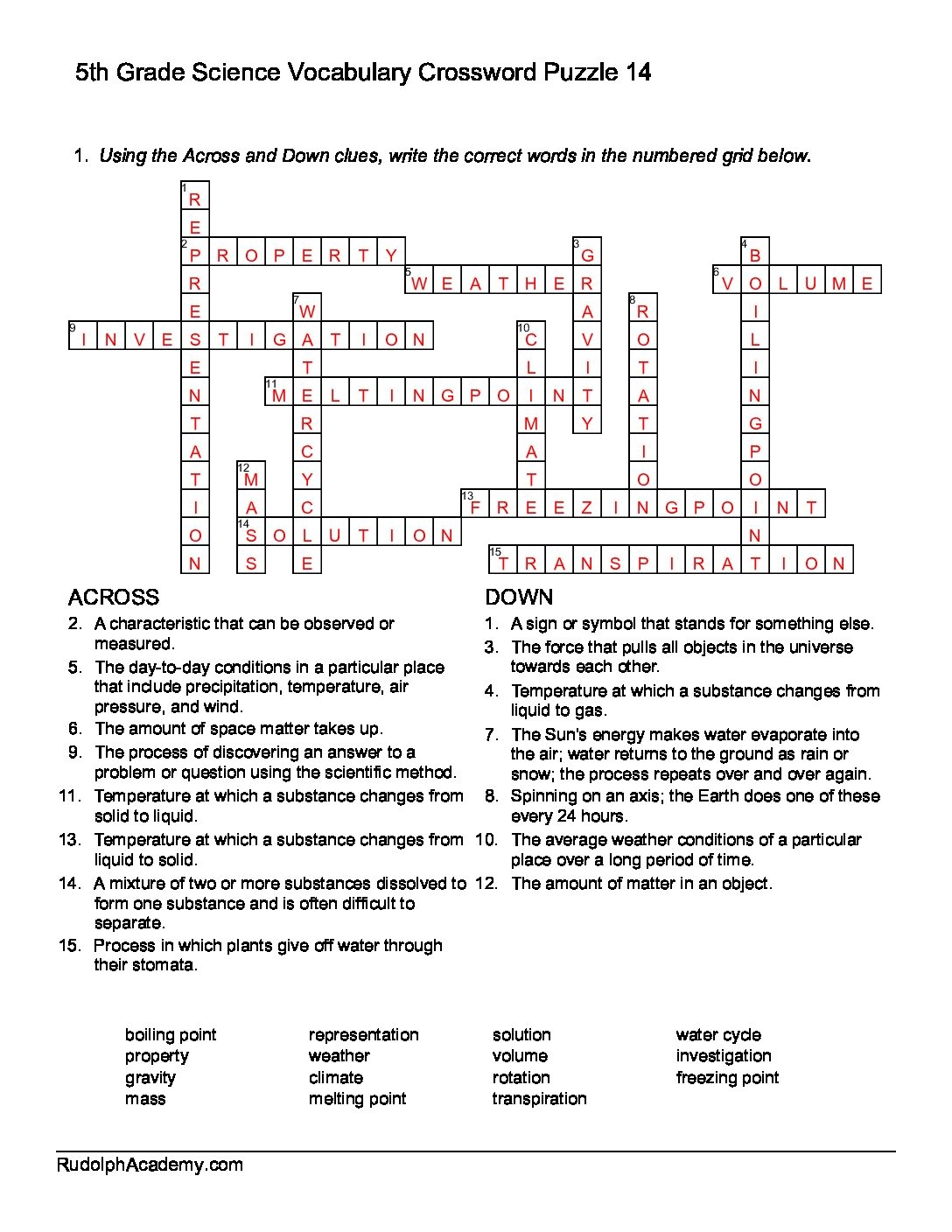5th Grade Science Vocabulary Crossword 14 Answers Rudolph Academy Resource LibraryRudolph Academy Resource Library