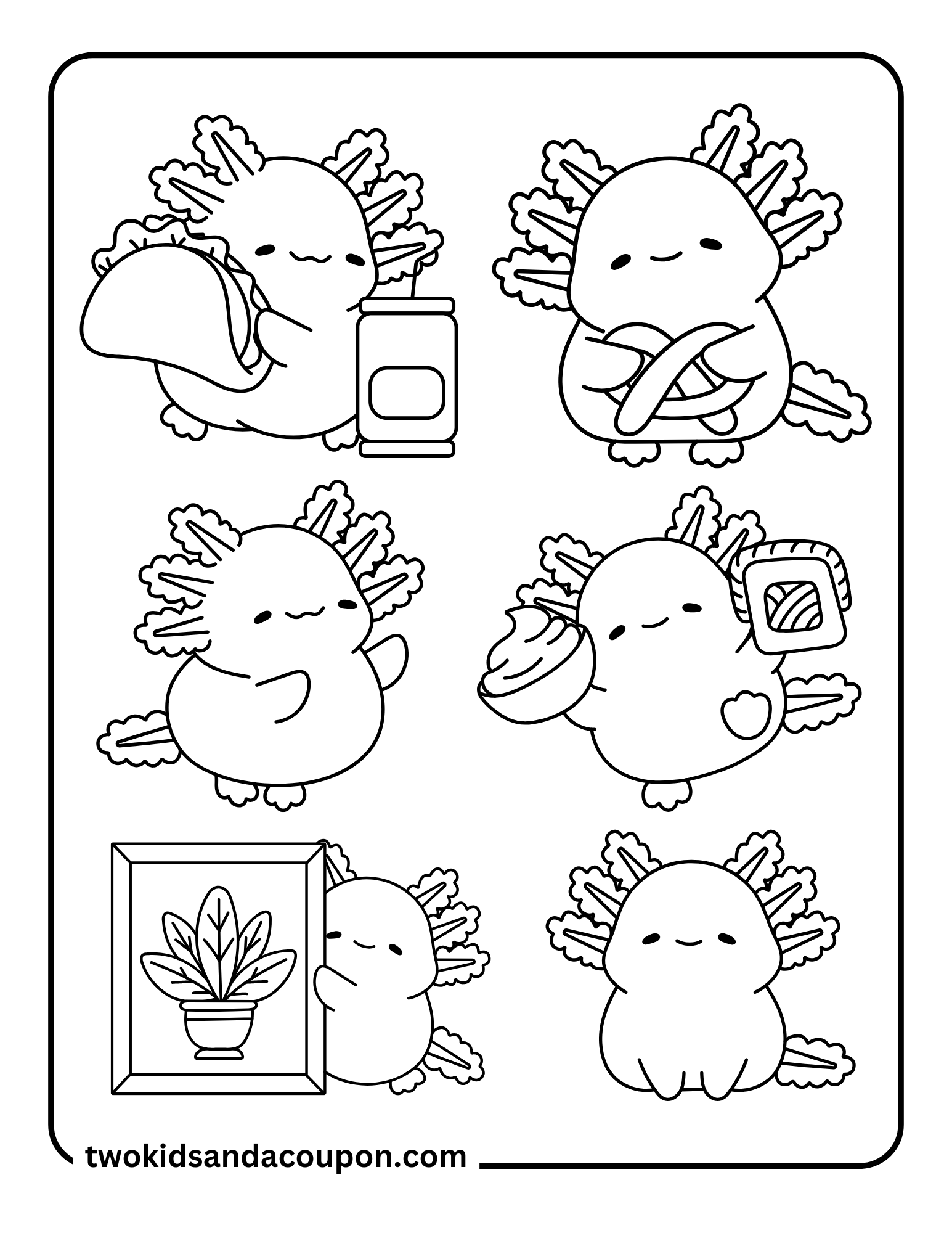 6 Cute Kawaii Axolotl Coloring Pages
