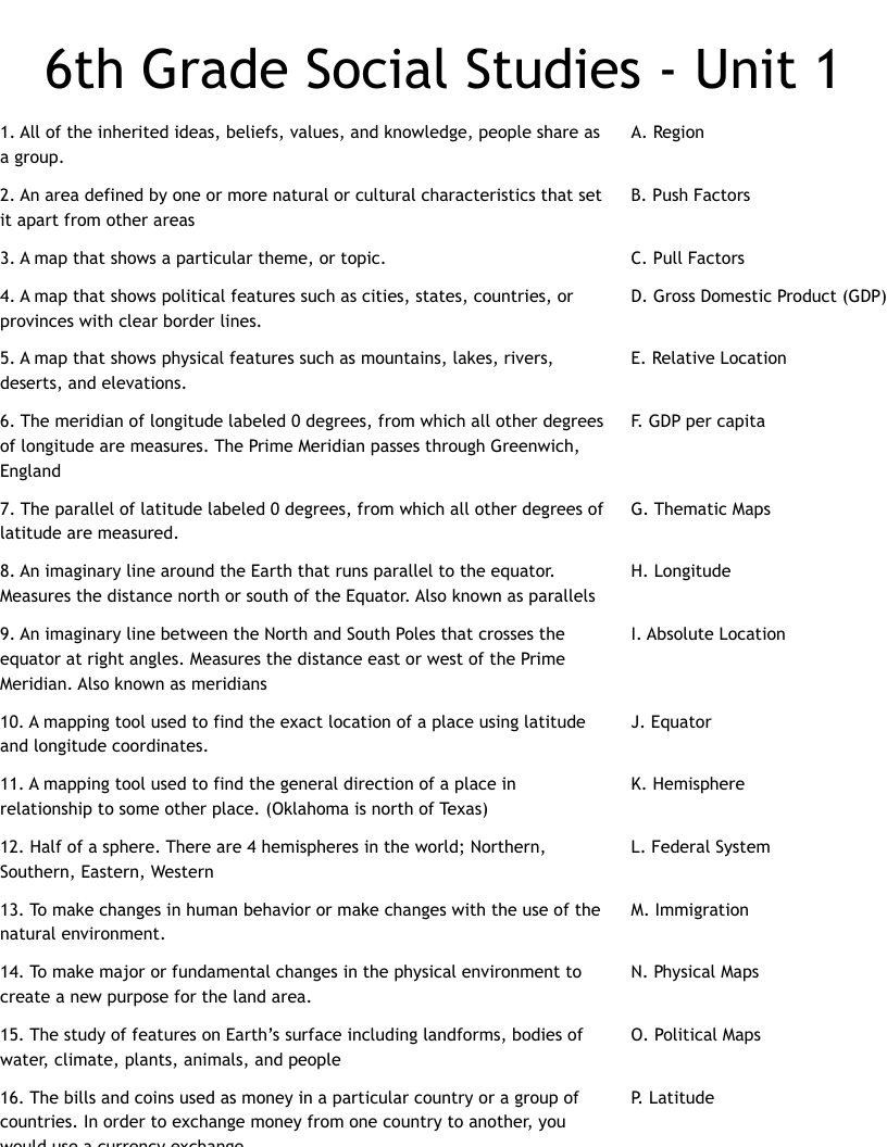 6th Grade Social Studies Unit 1 Worksheet WordMint Worksheets Library