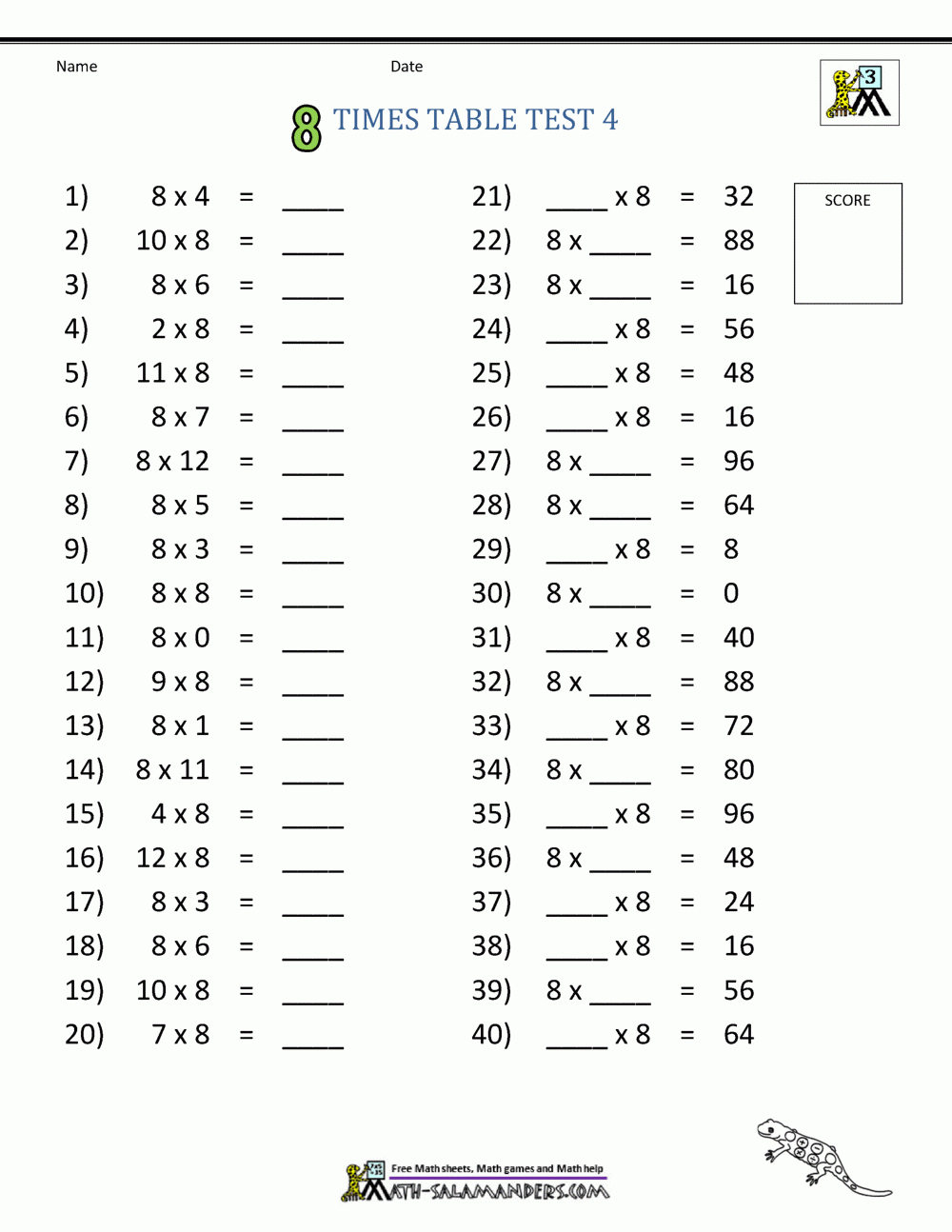 8 Times Table Worksheet Page