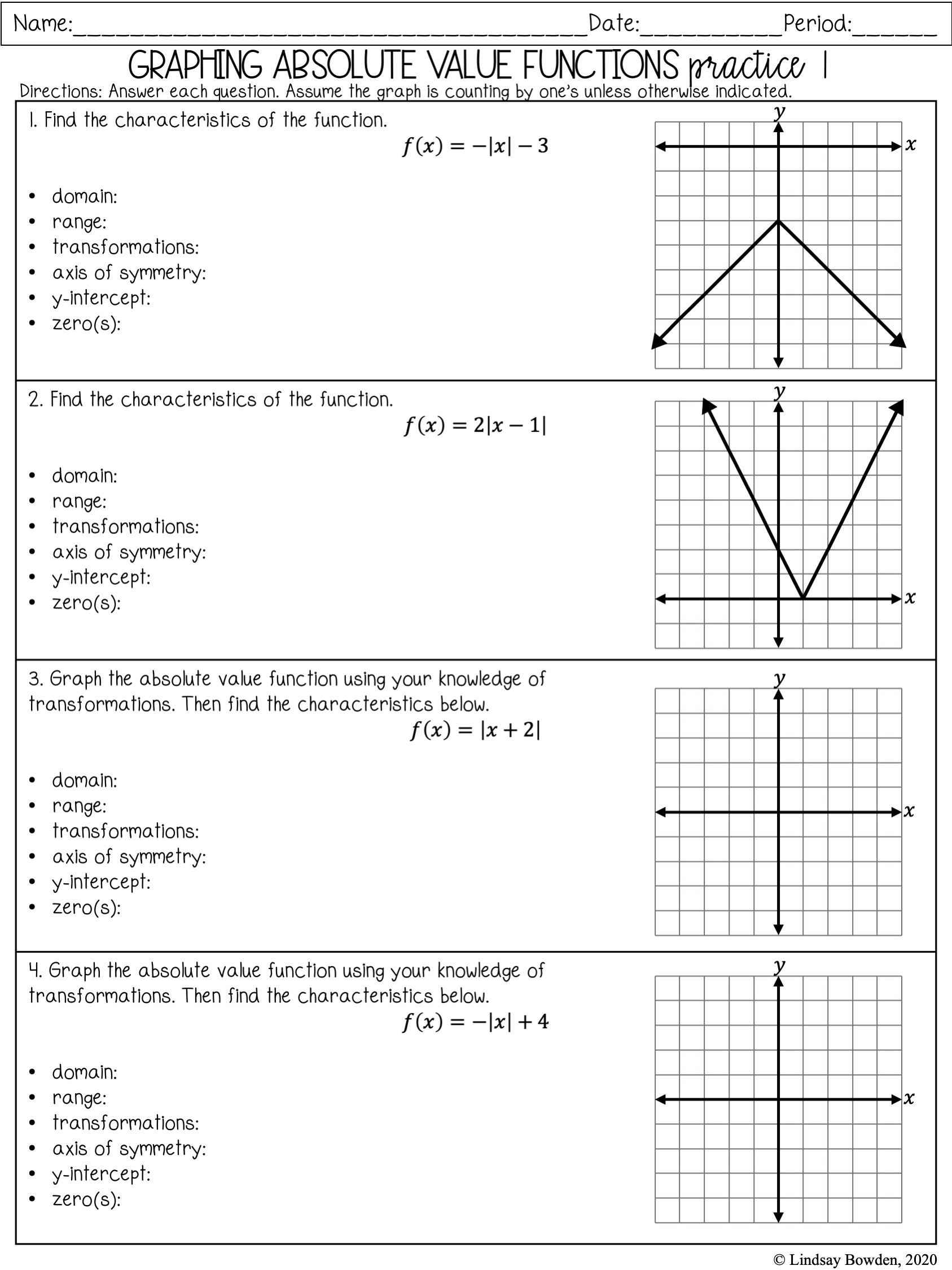 graphing absolute value functions worksheet