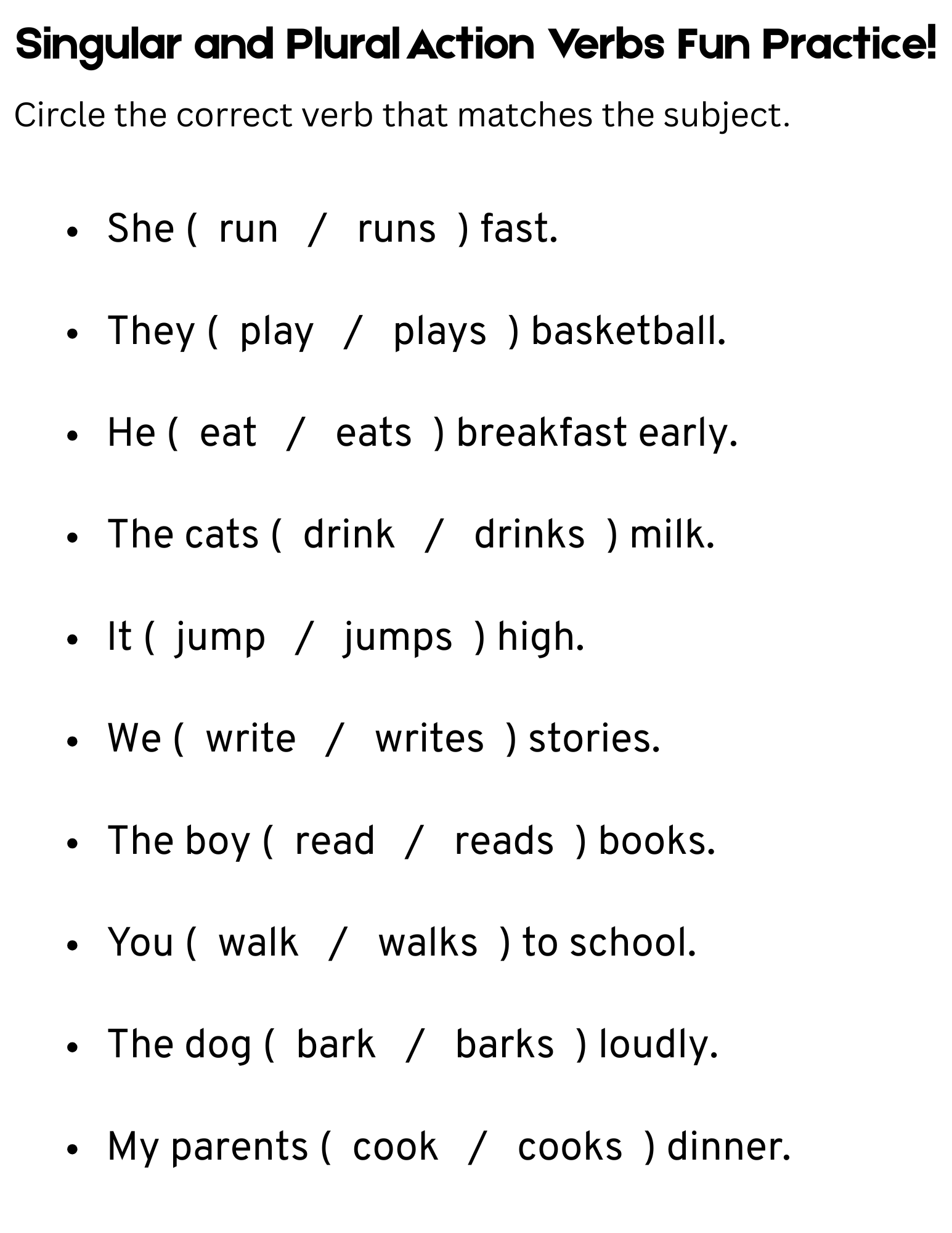 Action Verbs Singular And Plural Worksheet Made By Teachers