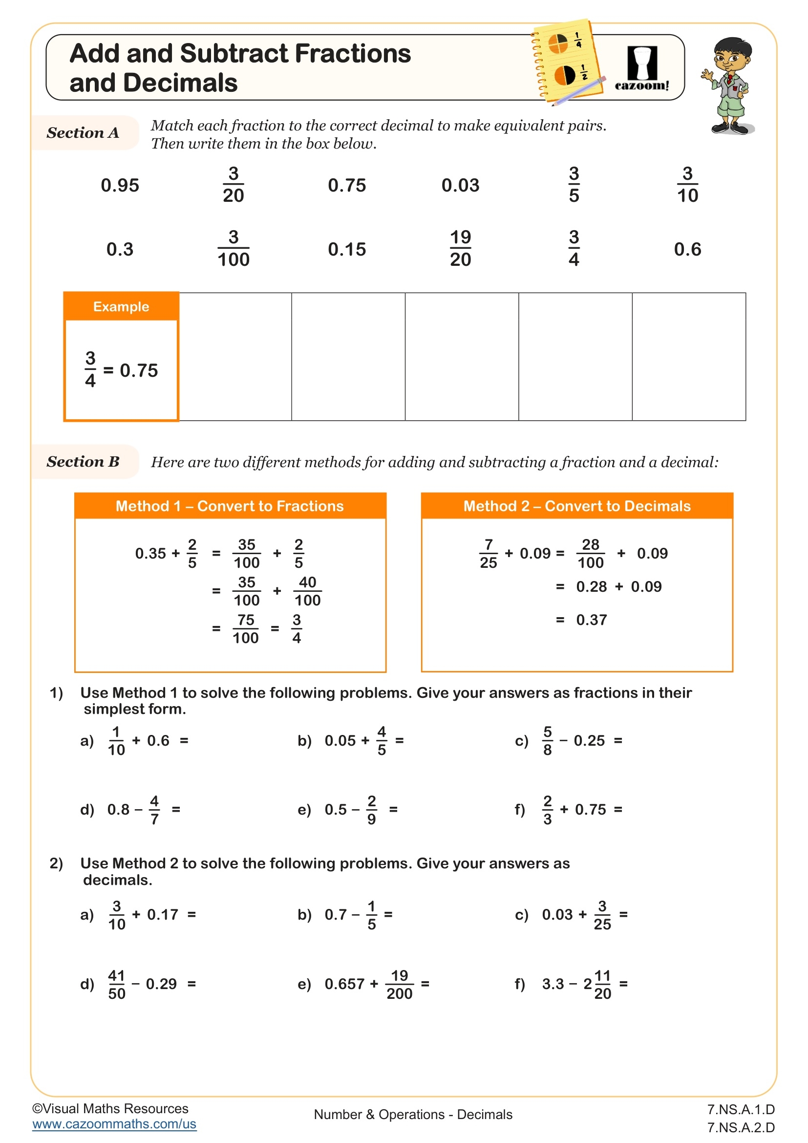 Add And Subtract Fractions And Decimals Worksheet Fun And Engaging 7th Grade Number Operations Worksheet Cazoom Math
