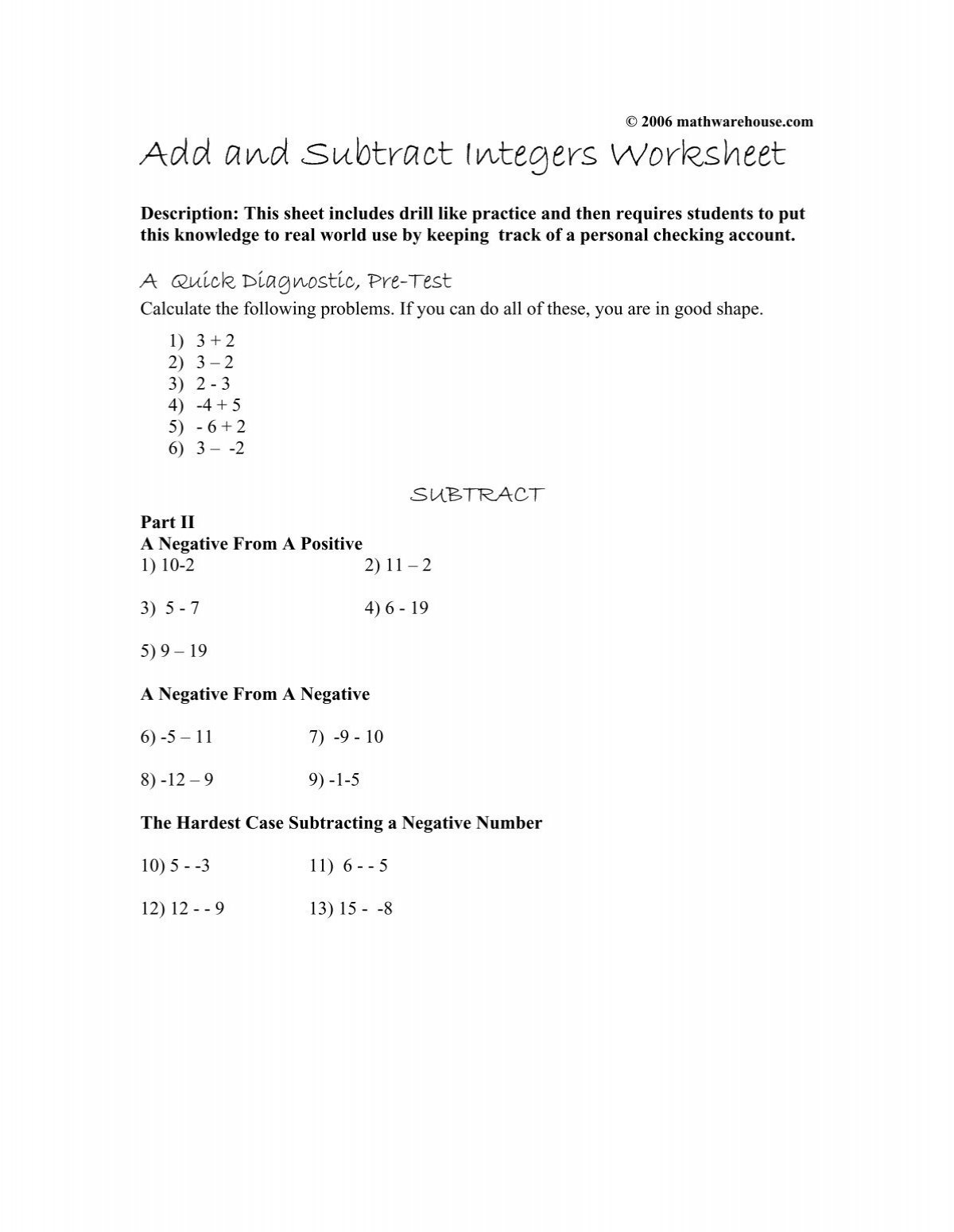 adding subtracting integers worksheet adding subtracting integers worksheet