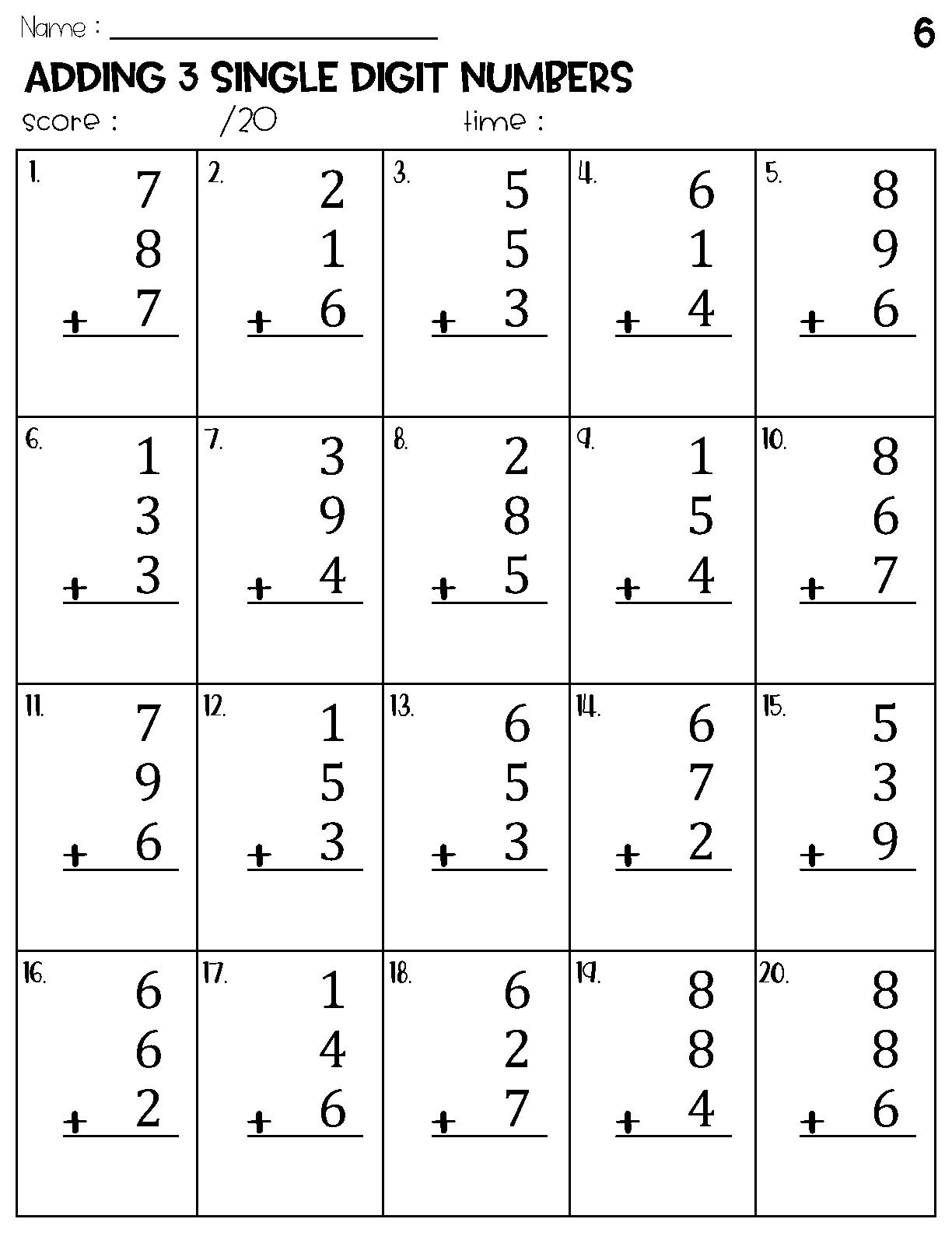 single digit addition worksheet