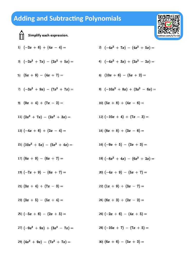 worksheet adding and subtracting polynomials