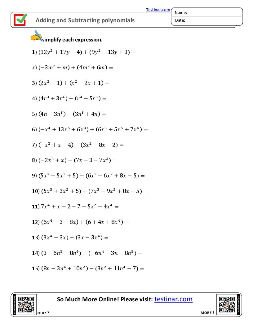 Adding And Subtracting Polynomials Worksheets
