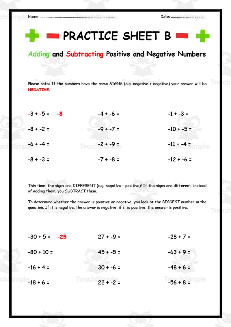 adding subtracting negative numbers worksheet