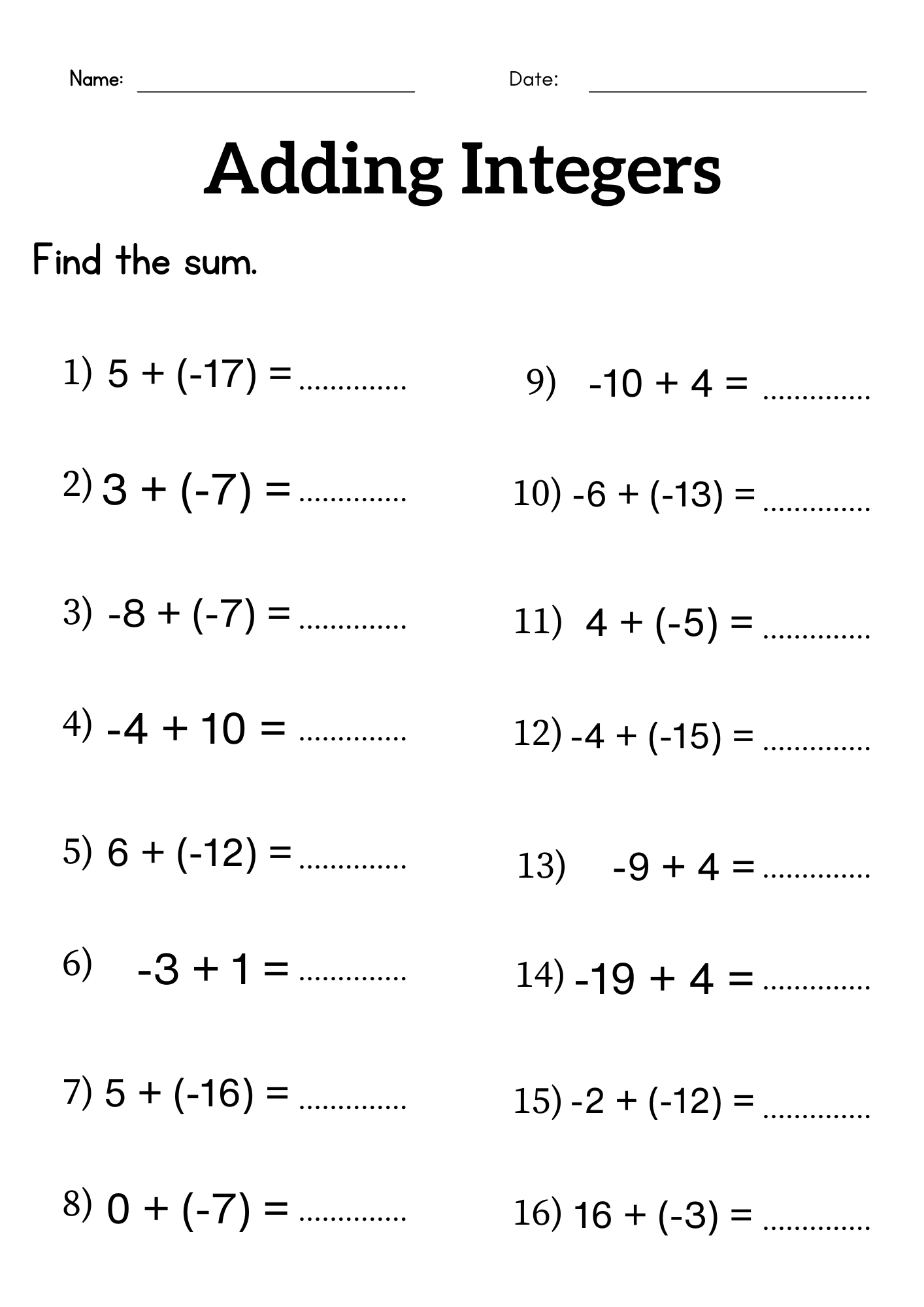 Adding Integers Worksheet Grade 6 Or 7 Addition Of Integers Worksheet Teaching Resources Adding Integers Worksheet Grade 6 Or 7 Addition Of Integers Worksheet Teaching Resources