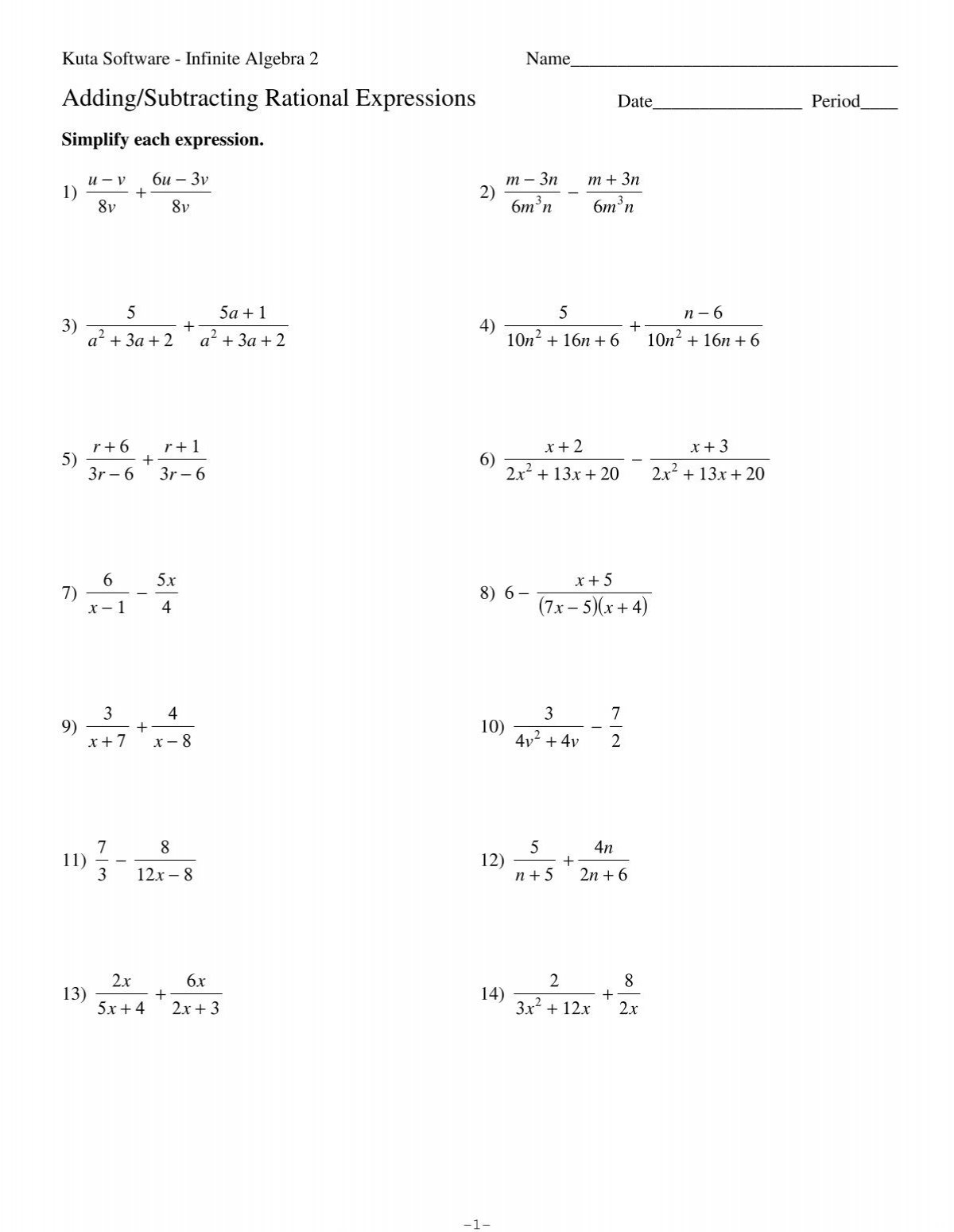 Adding Subtracting Rational Expressions Kuta Software