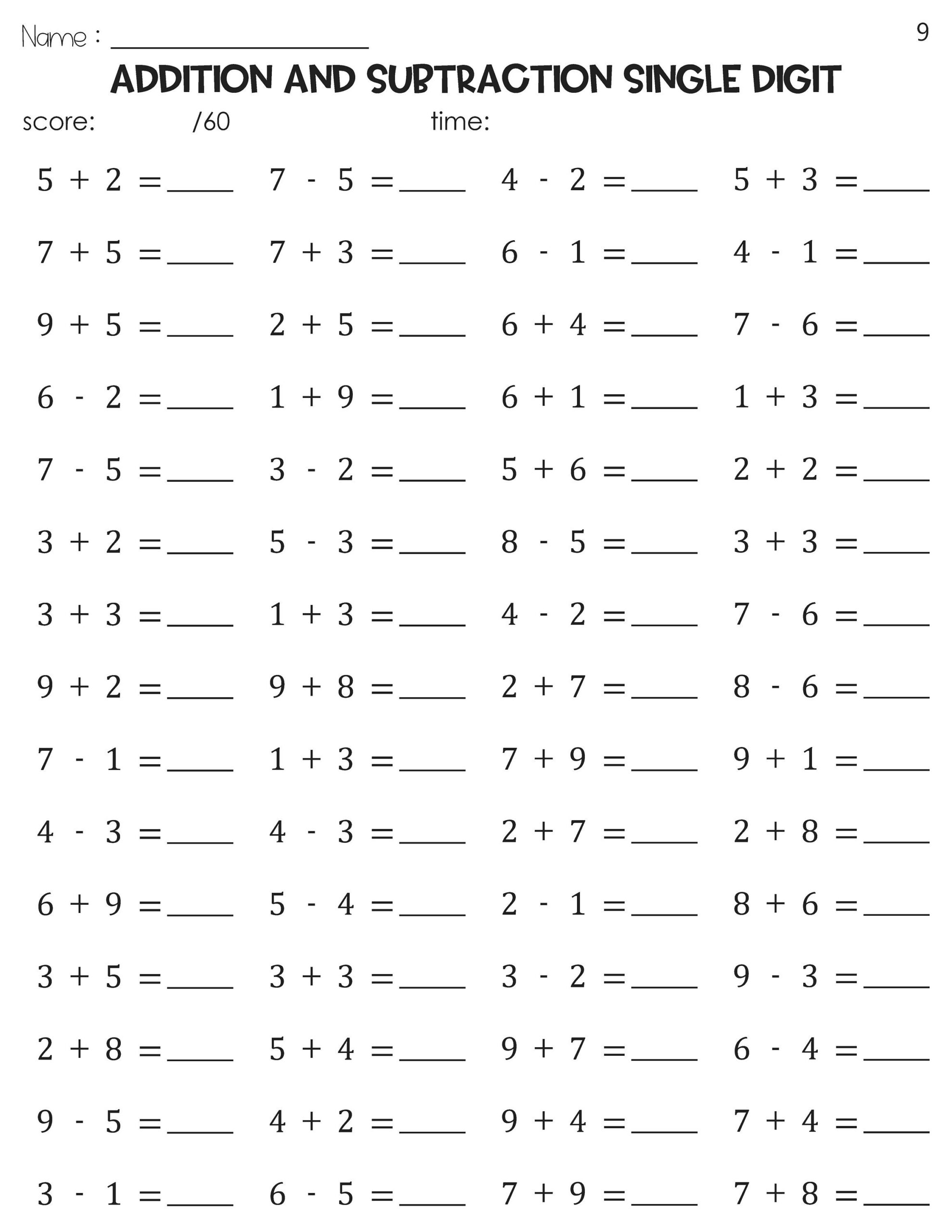 Addition And Subtraction Single Digit Math Timed Tests Speed Drills Worksheets Etsy