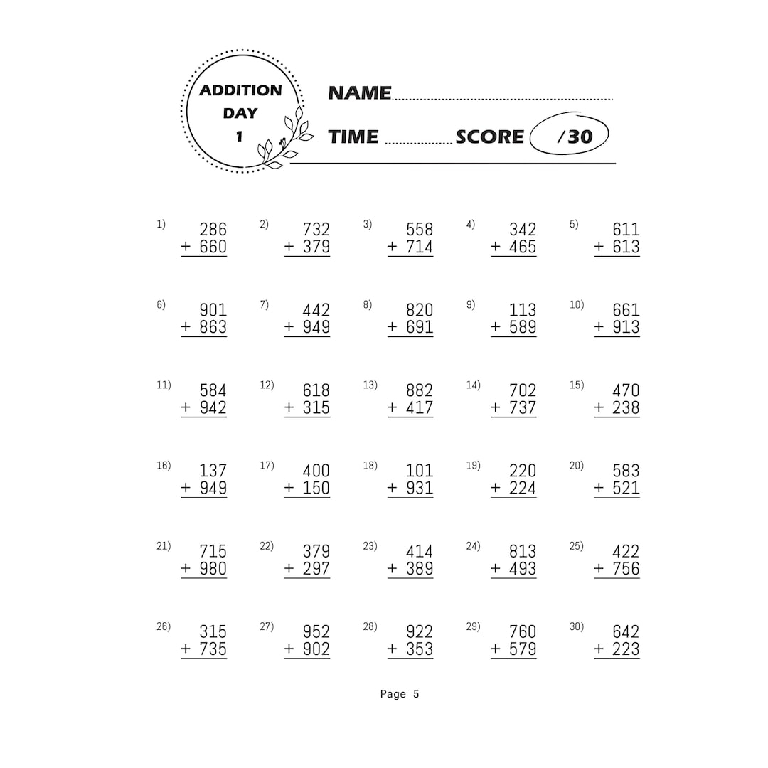 Addition And Subtraction Worksheets Third Grade Elementary Math Problems 3 digit Addition With Answers Busy Book Printable 4rd Grade Math Etsy