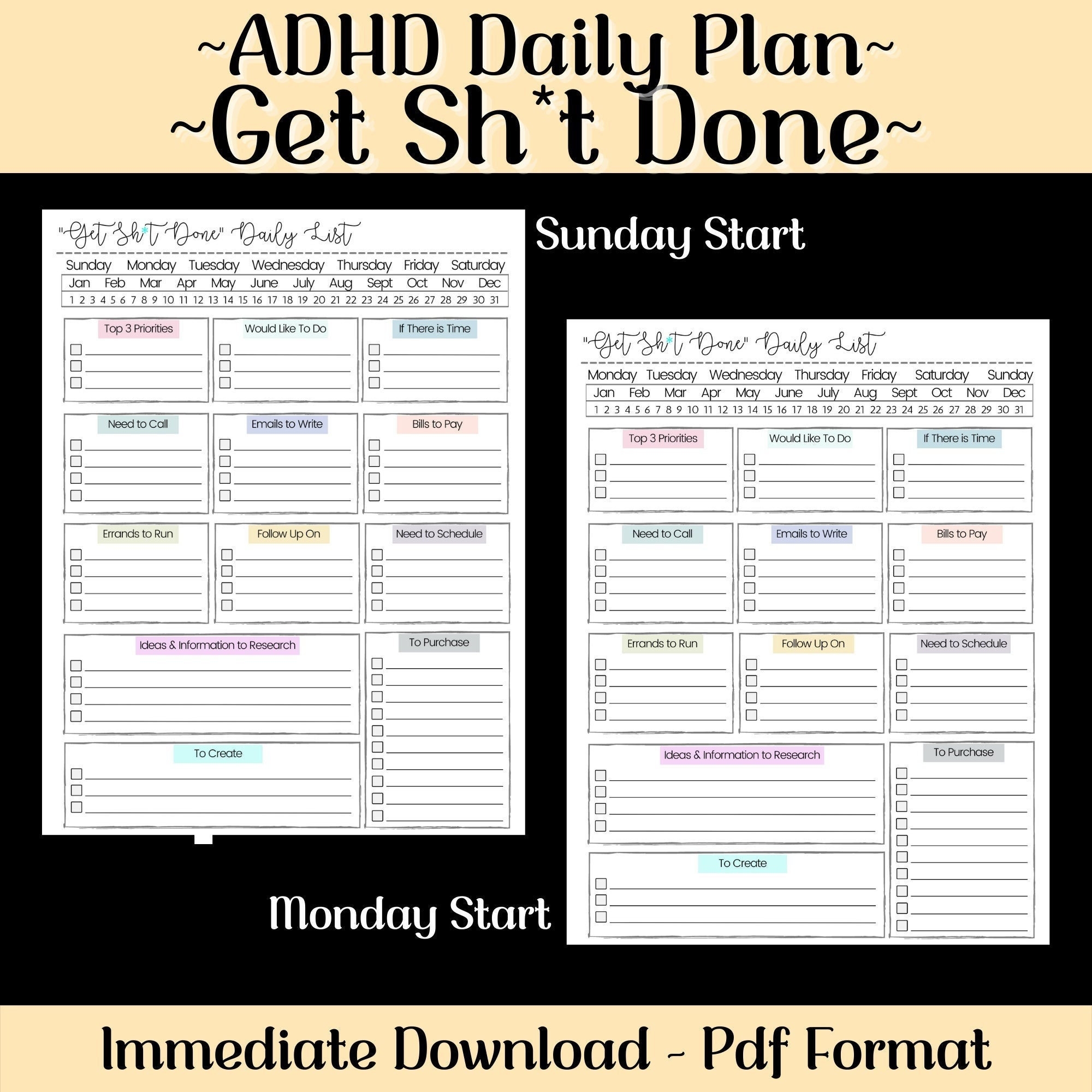 ADHD Daily Planner To do List Task Work Organizer digital Download Etsy