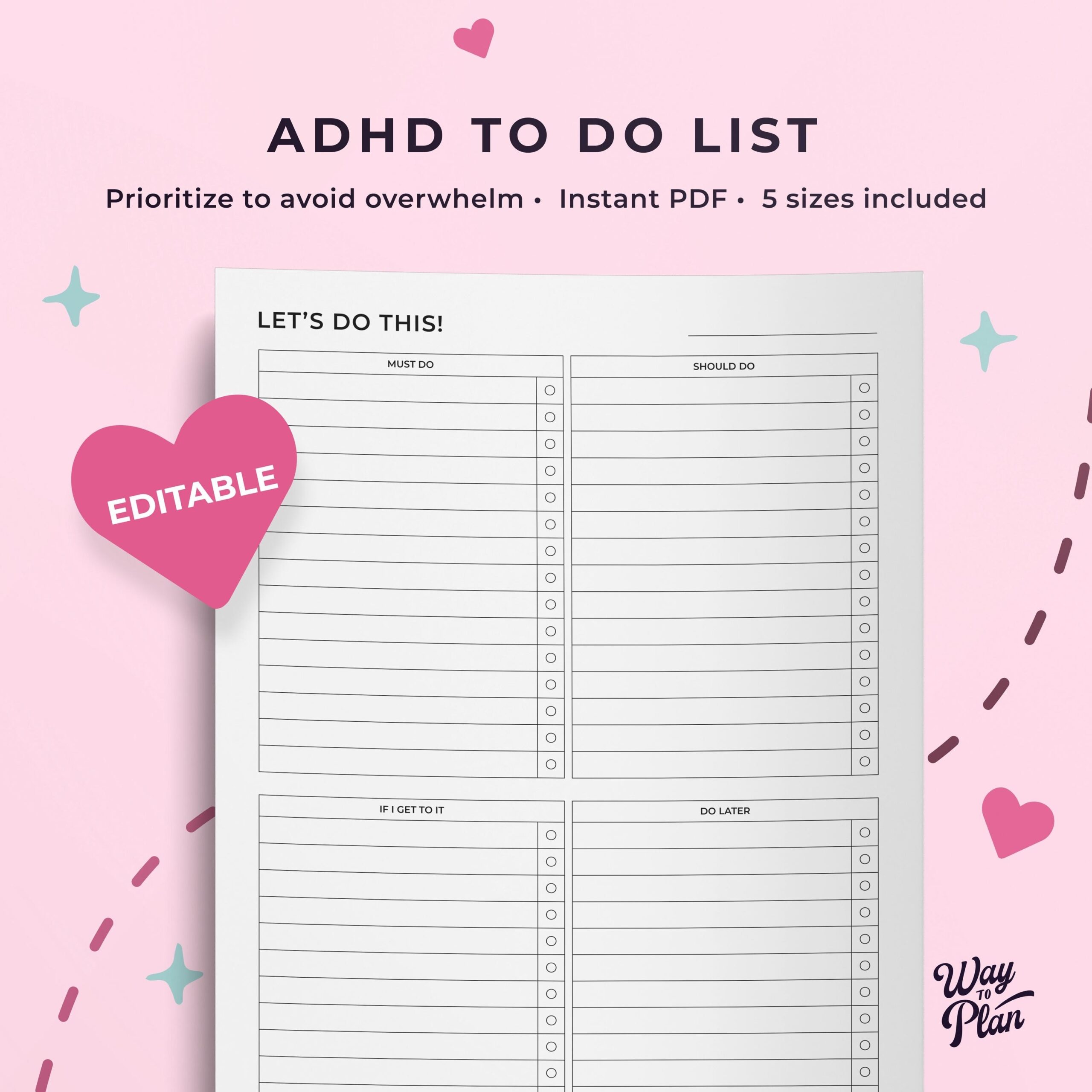 ADHD To Do List Printable To do Checklist Simple To Do Chart Template Daily To Do Lists Planner Check List Editable To Do List Etsy