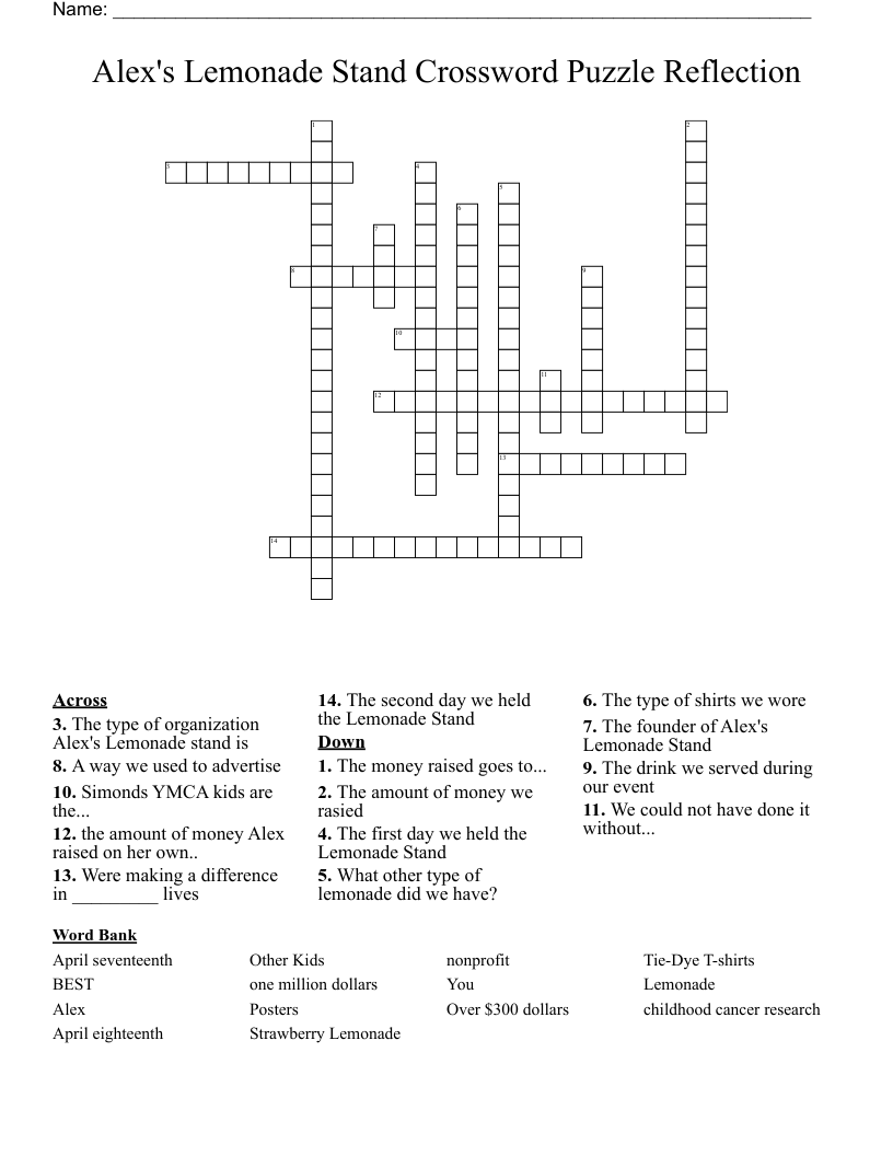 Alex s Lemonade Stand Crossword Puzzle Reflection WordMint