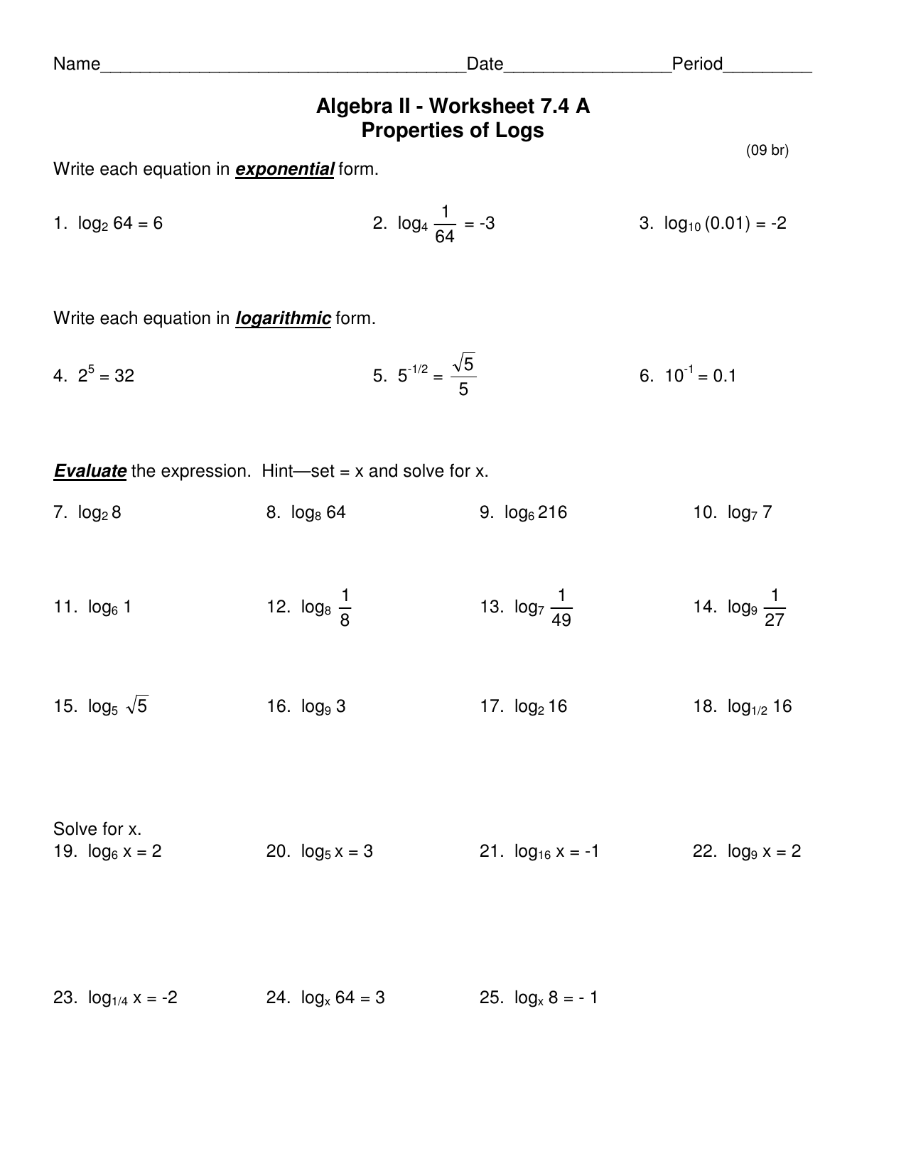 Algebra II Logarithm Properties Worksheet