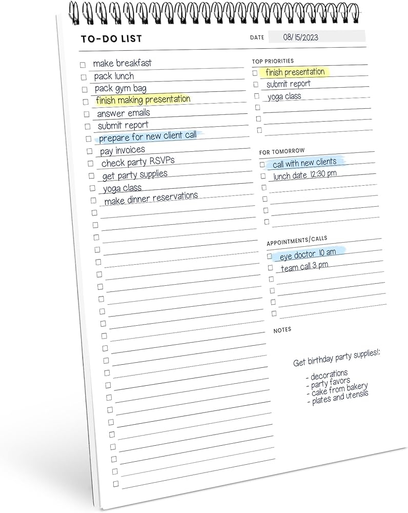 Amazon Of A Happy Kind To Do List Spiral Notepad 8 5x11 52 Sheets Multiple Functional Sections Daily Planner Notebook Task Todo Checklist Agenda Note Pad For Work Office Products
