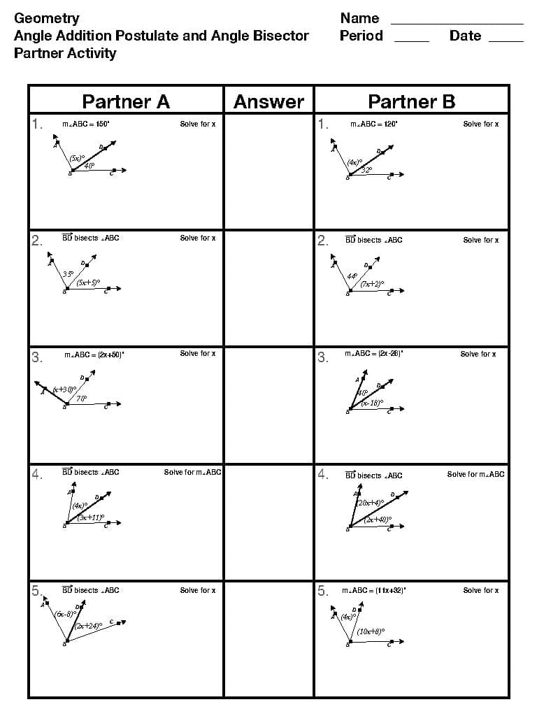 Angle Addition Postulate And Angle Bisector Partner Activity TPT