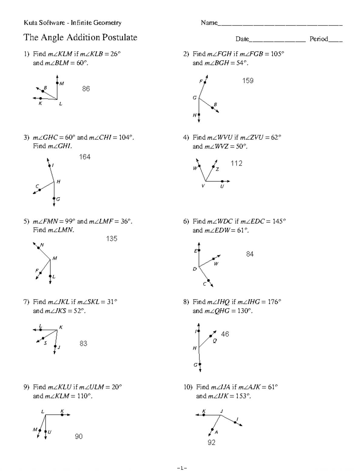 angle addition postulate worksheet