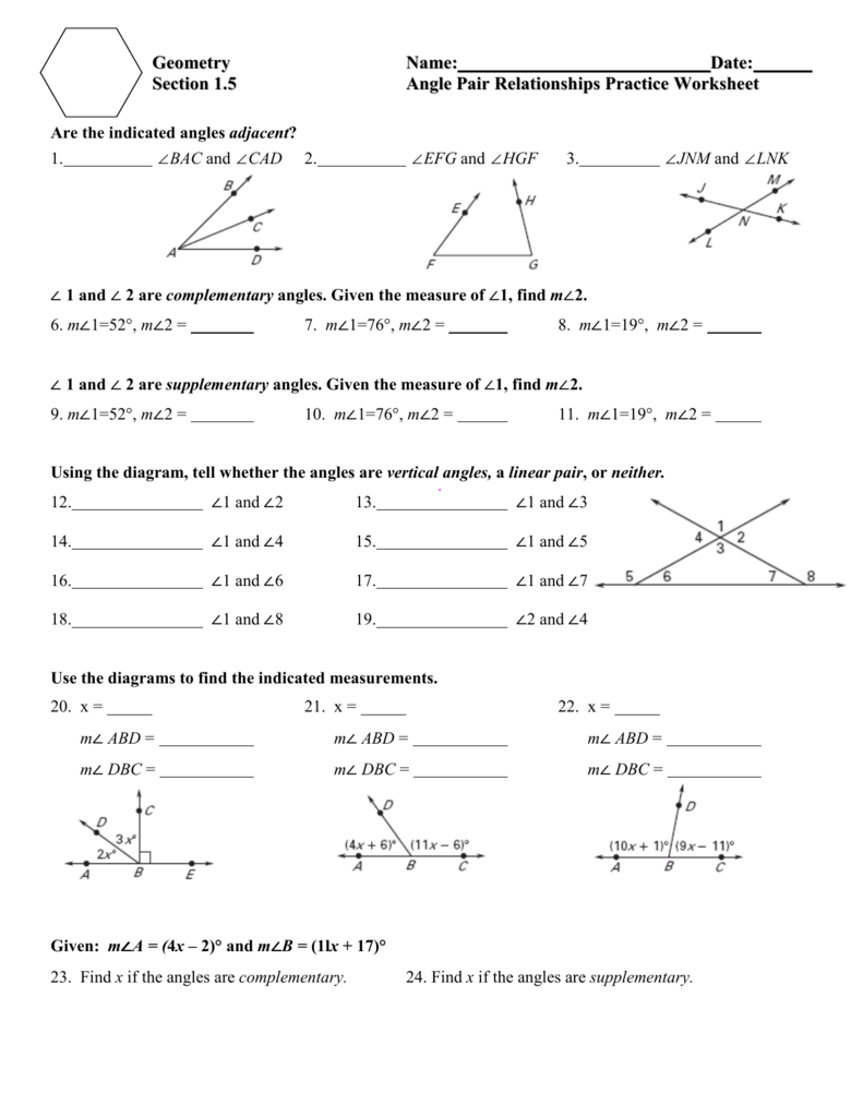 Angle Pair Relationships Geometry Worksheet