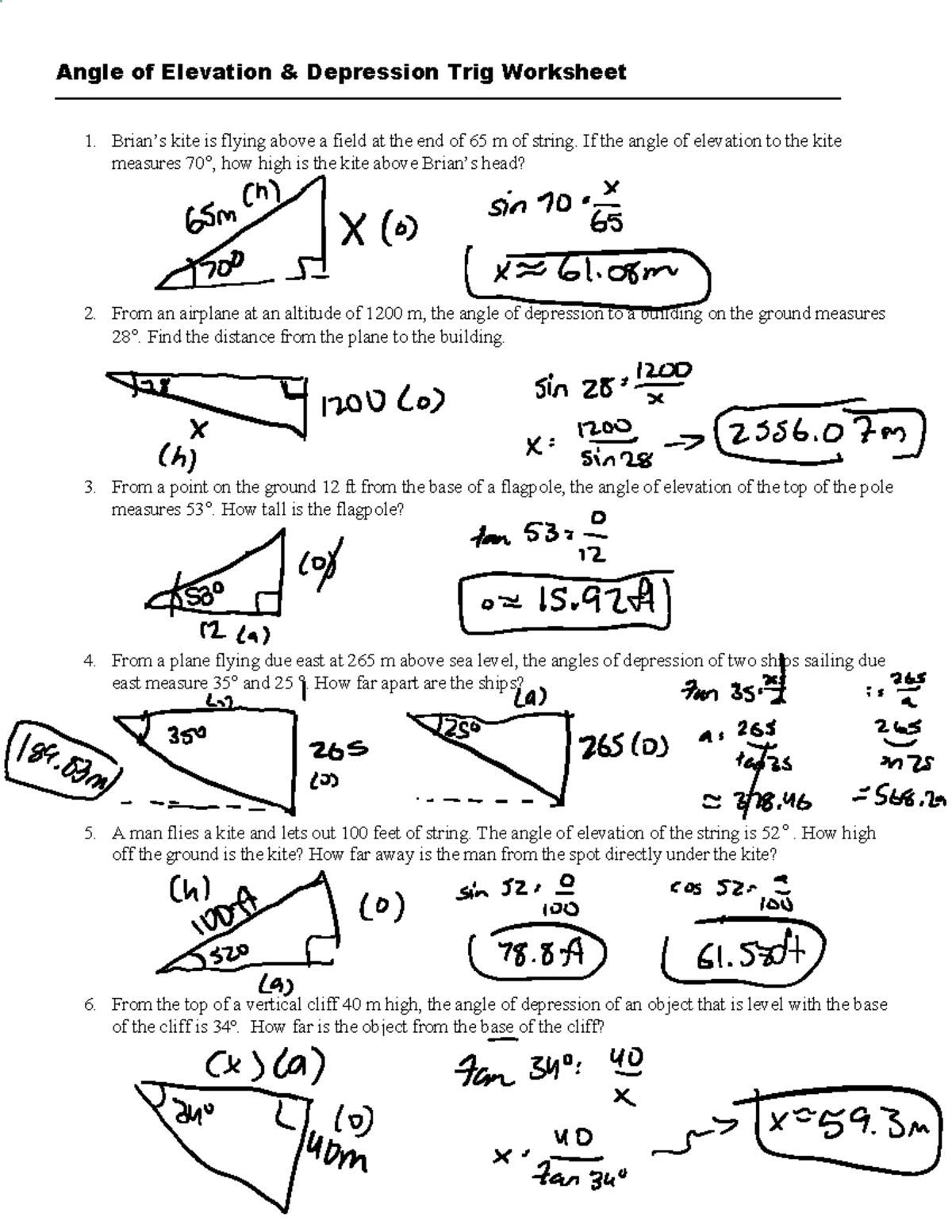 Angles Of Elevation Depression Trig Practice Worksheet Studocu Angles Of Elevation Depression Trig Practice Worksheet Studocu