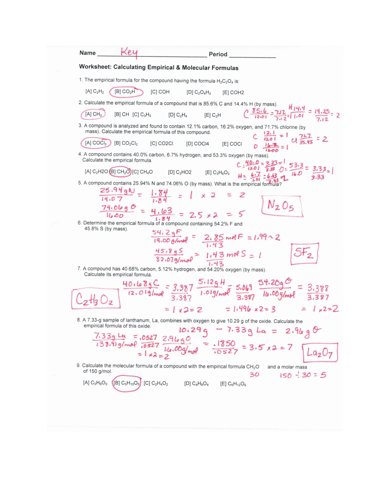 Answer Key Empirical And Molec Formula WS pdf Exercises Chemistry Docsity