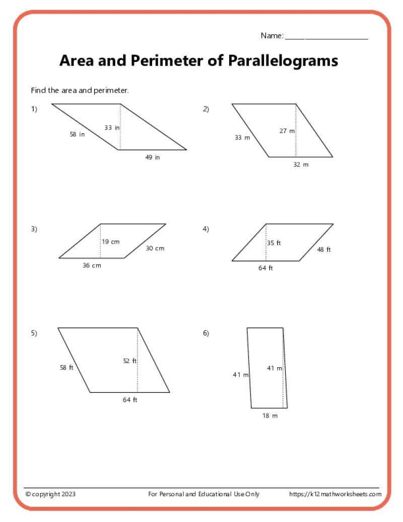 Area And Perimeter Of Parallelograms K12 Math Worksheets