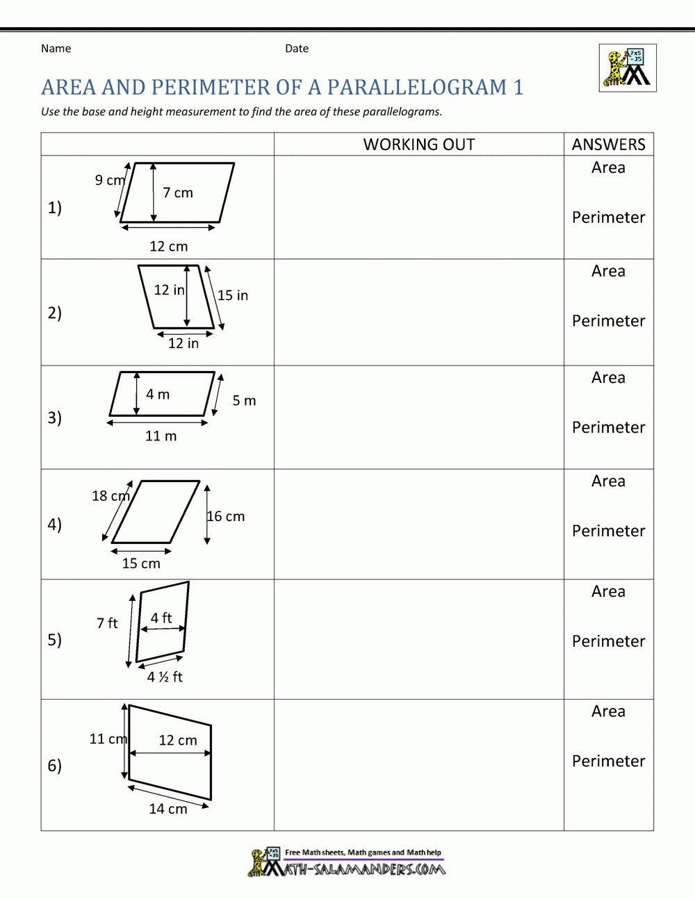 Area Of Parallelogram Worksheet