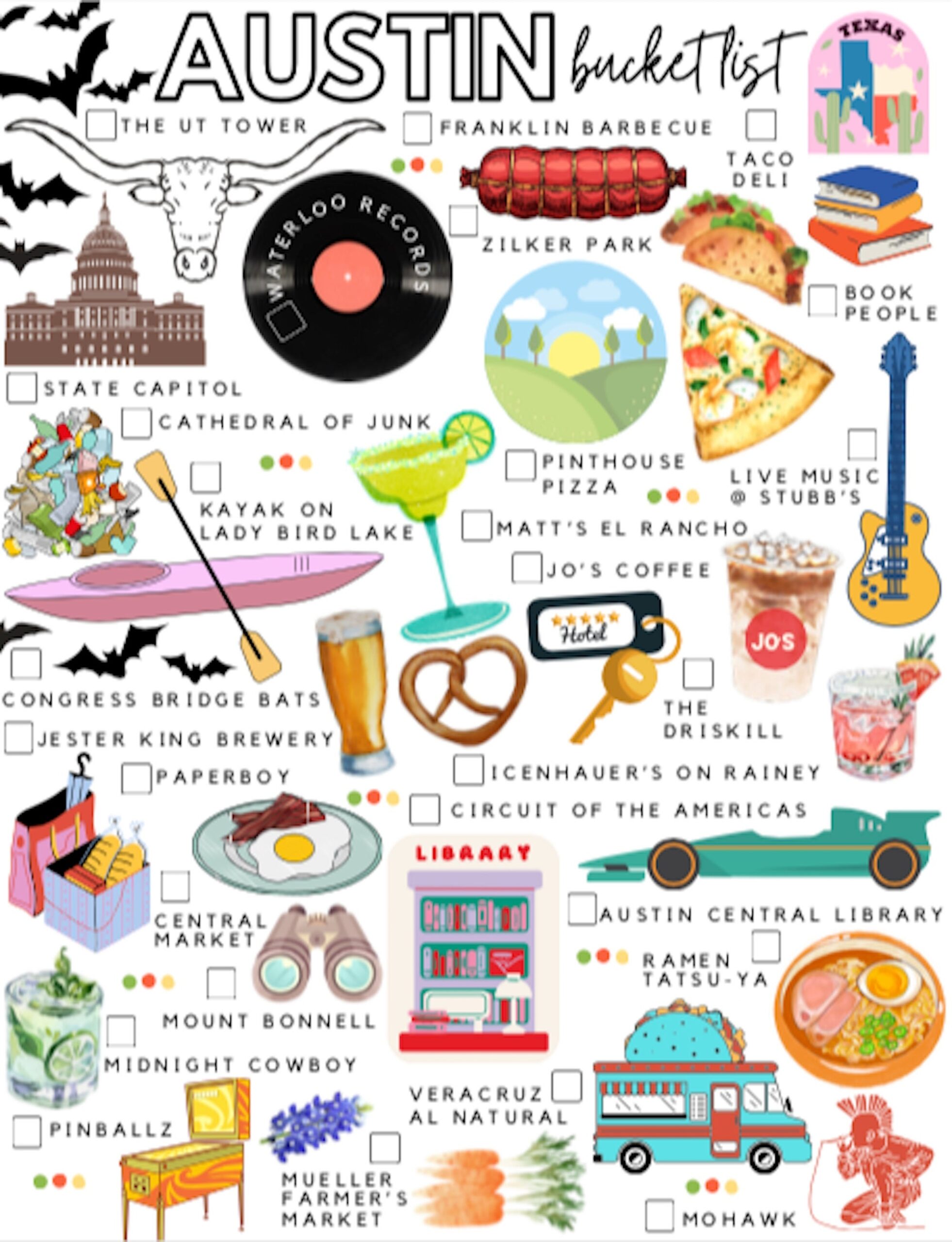 Austin Texas Bucket List Local Favorites Must sees PDF Download Etsy Australia