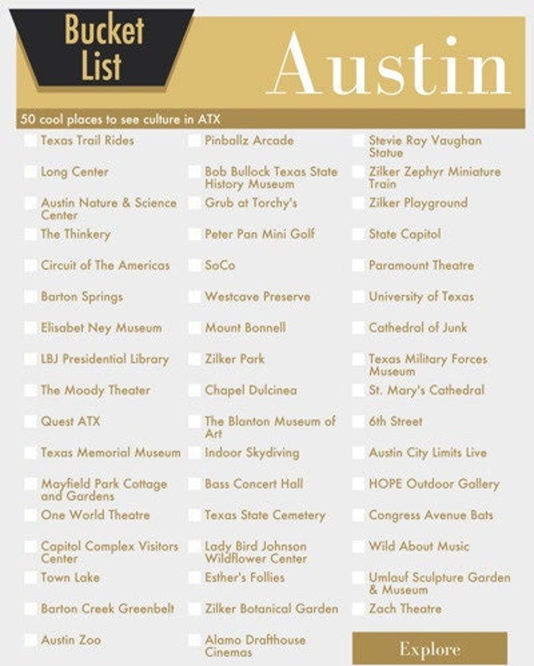 Austin Texas Bucket List Wall Art 50 Fun Things To Do In ATX Printable Digital Design Etsy