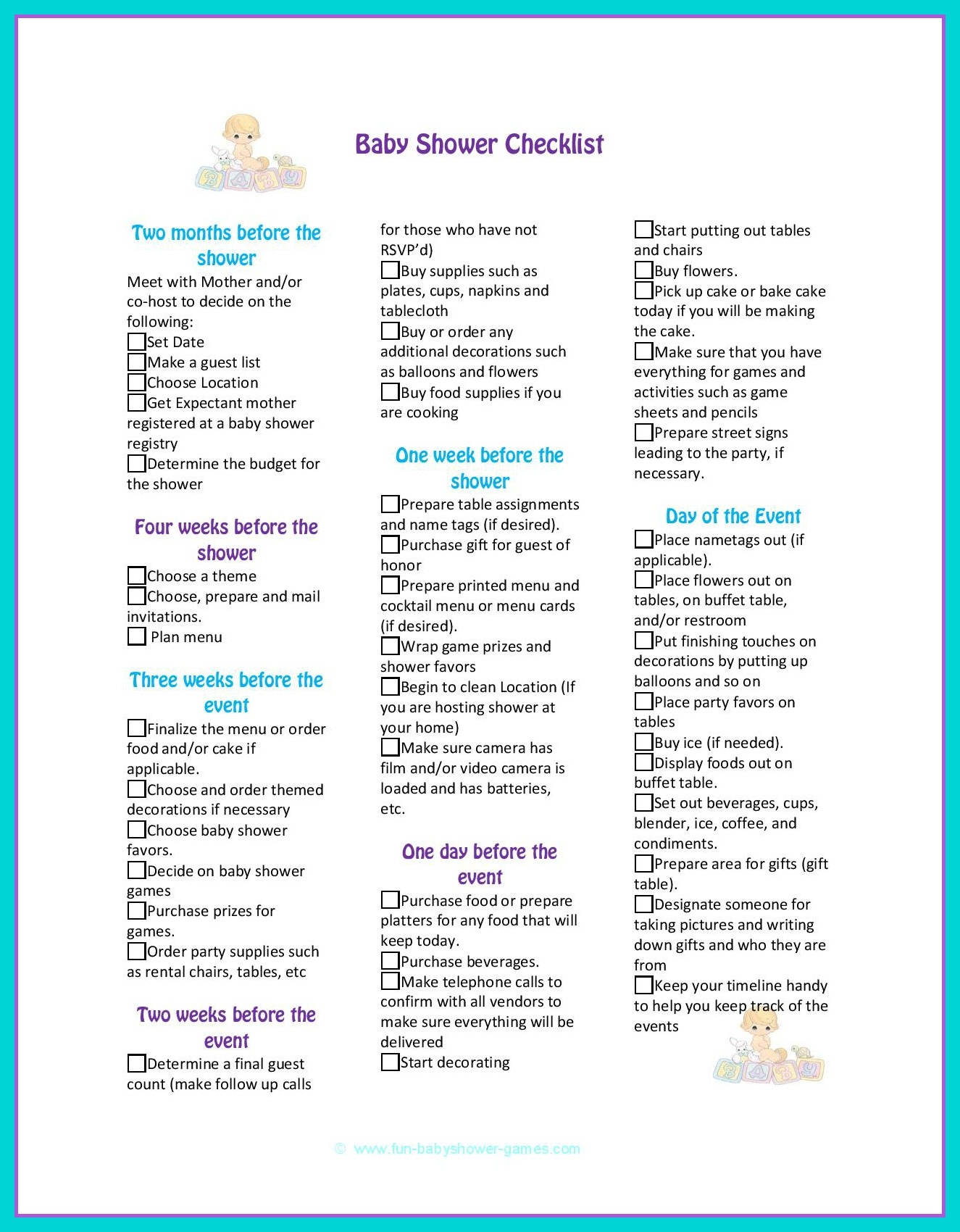 Baby Shower Checklist Baby Shower Checklist