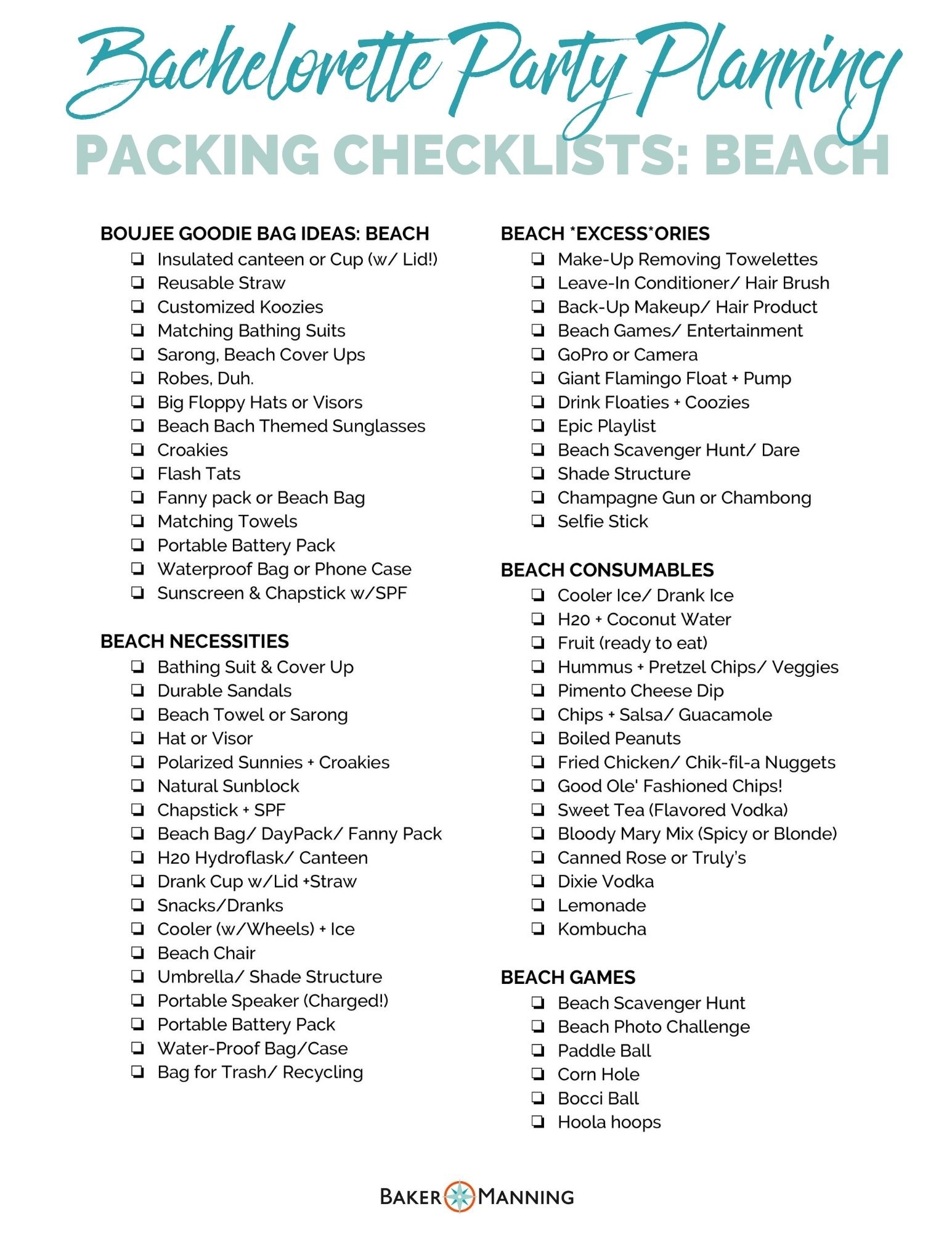 Bachelorette Party Checklist Ultimate Packing Guide BakerManning