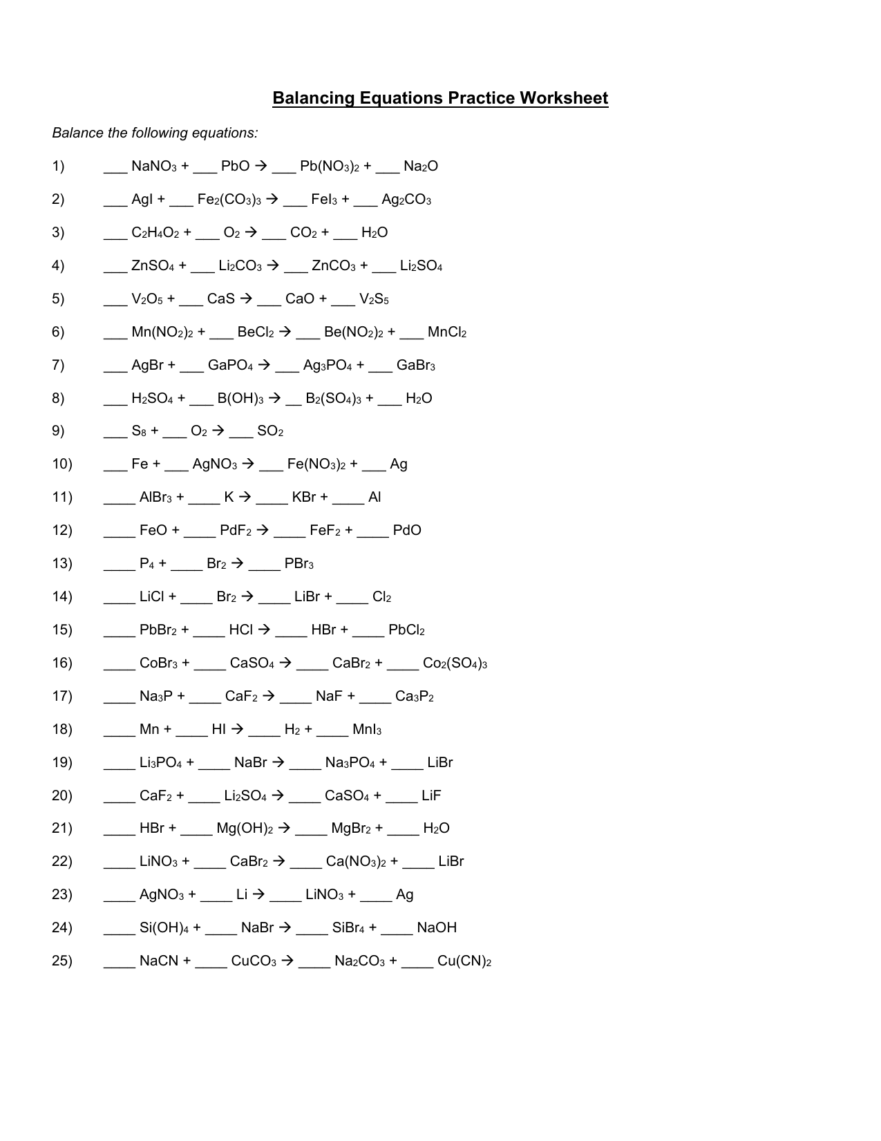 Balancing Chemical Equations Practice Worksheet