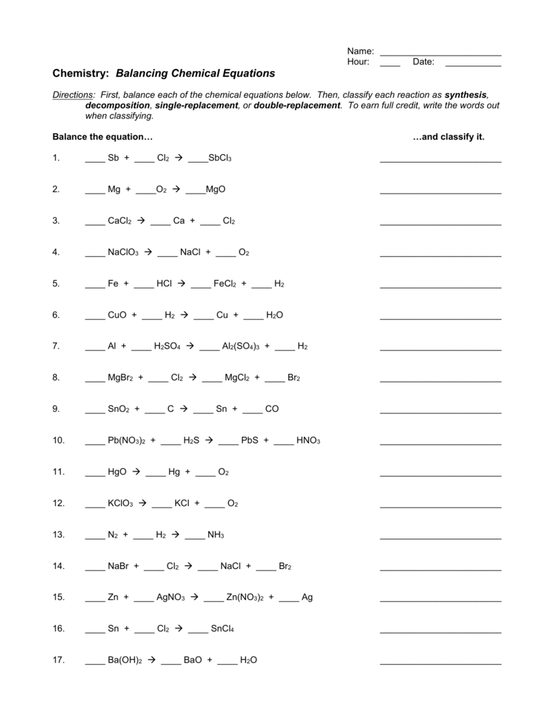 balancing chemical formulas worksheet
